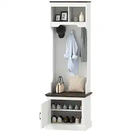 Homcom - Hall Tree with Shoe Storage, Coat Rack with Bench, Entryway Furniture with Five Hooks - White Wood Grain