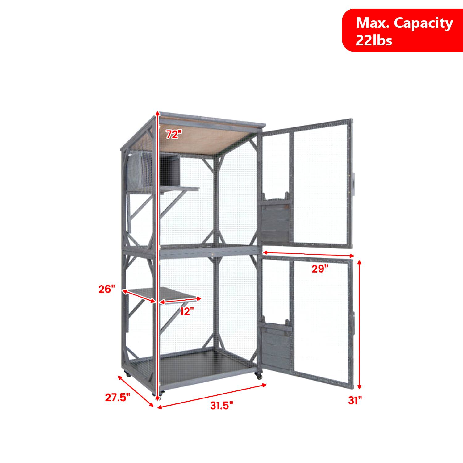 Max. Capacity 22lbs  
72"  
29"h  
26"  
12"  
27.5"  
31.5"  
31"