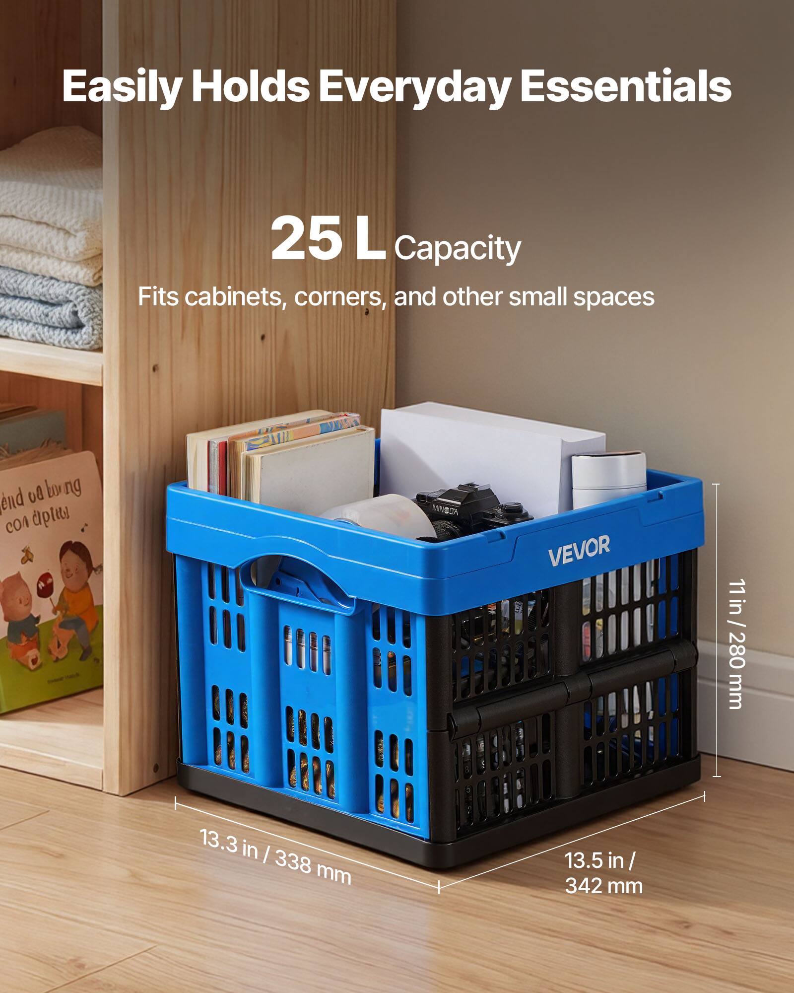 Easily Holds Everyday Essentials  
25 L Capacity  
Fits cabinets, corners, and other small spaces  

VEVOR  
11 in / 280 mm  
13.3 in / 338 mm  
13.5 in / 342 mm