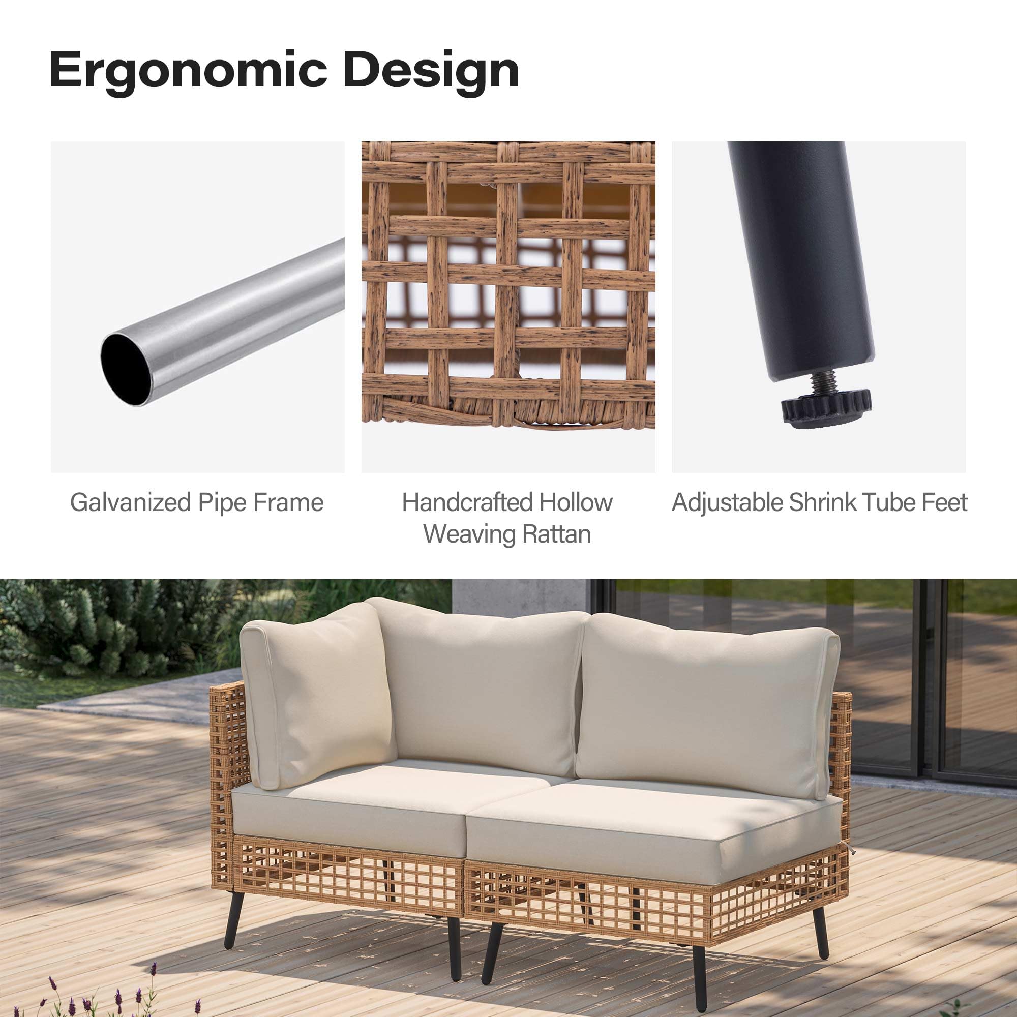 Ergonomic Design

- Galvanized Pipe Frame
- Handcrafted Hollow Weaving Rattan
- Adjustable Shrink Tube Feet