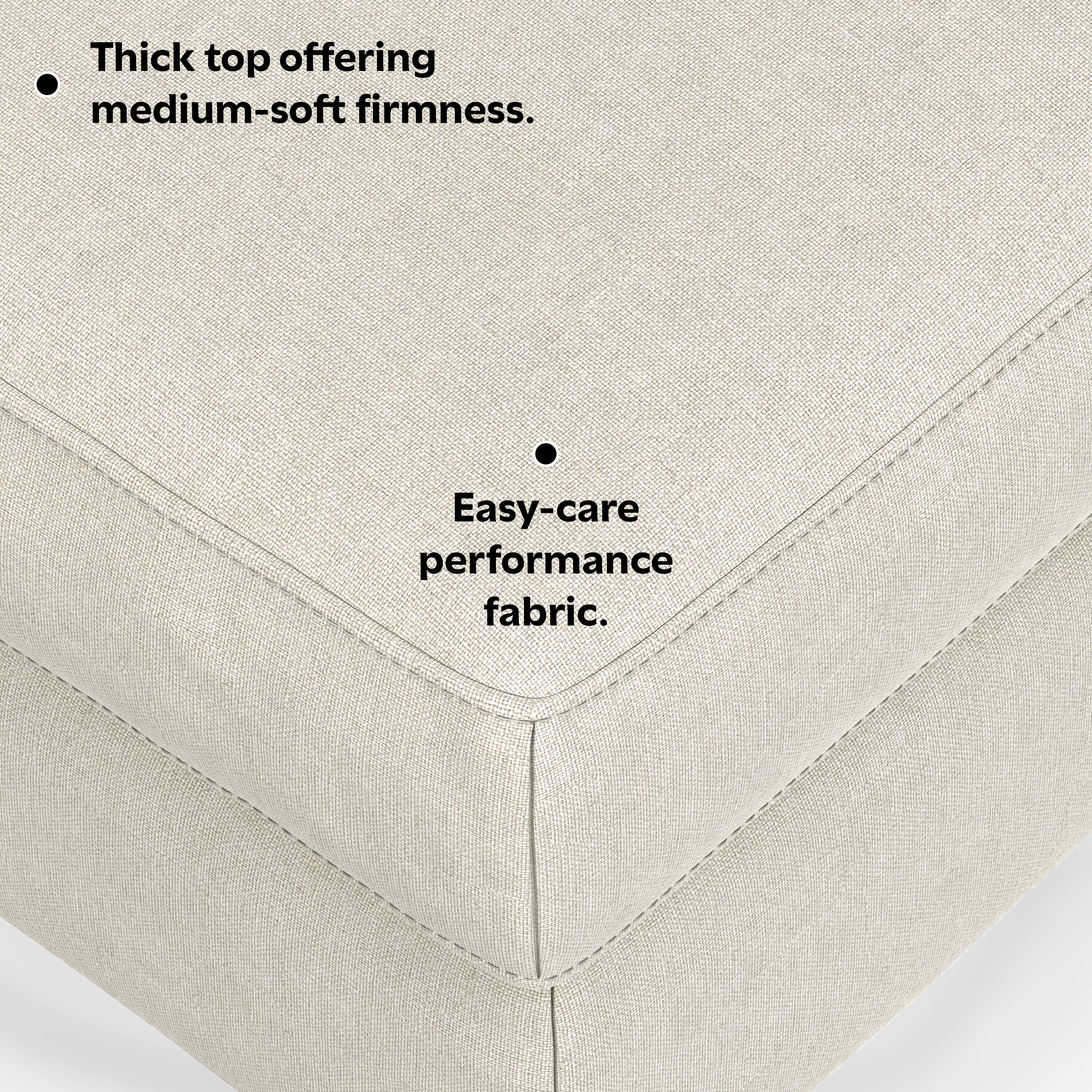 - Thick top offering medium-soft firmness.
- Easy-care performance fabric.