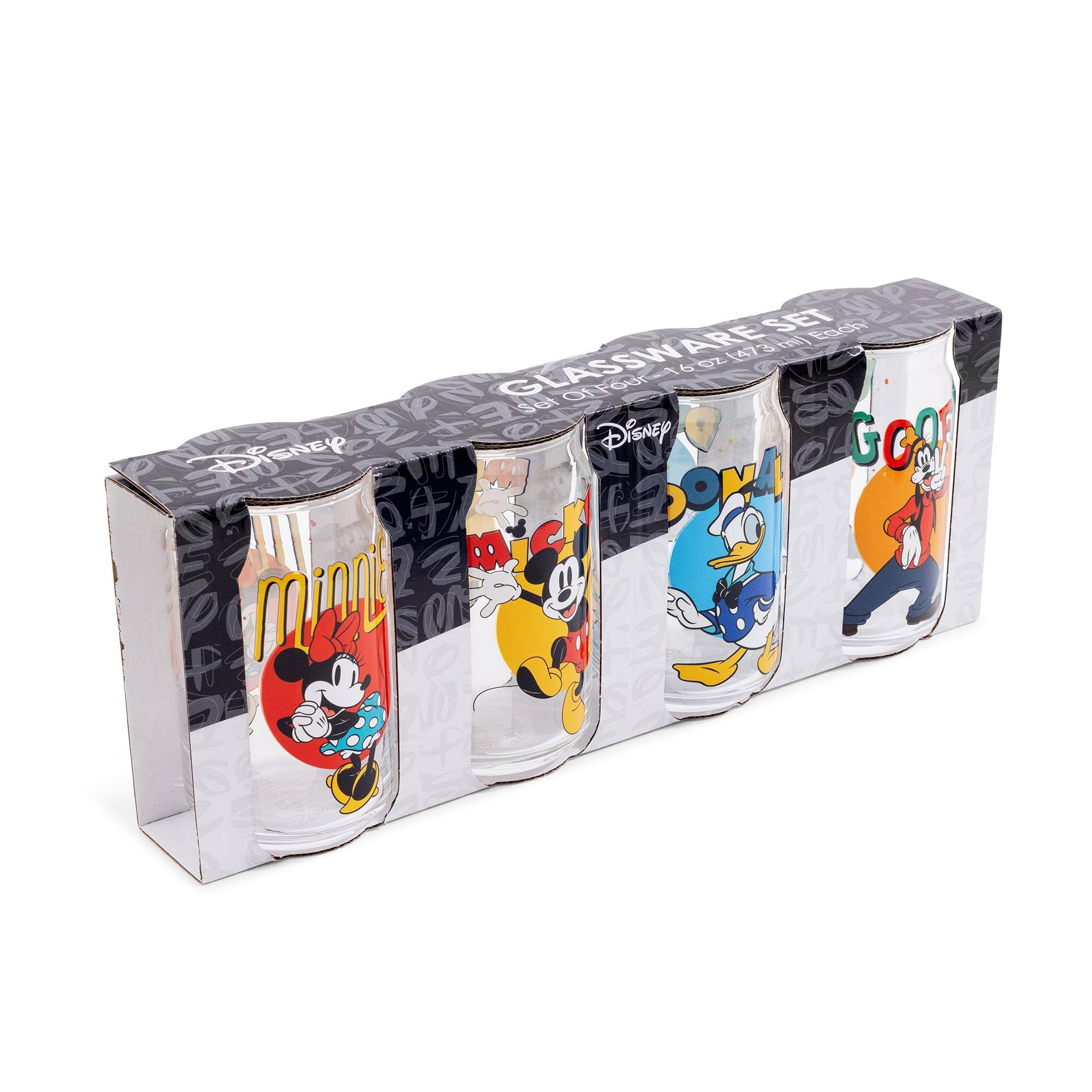Sure, here is the corrected and grouped text:

**Glassware Set**
- Disney
- Mickey
- Goofy
- Donald Duck
- Minnie

**Details:**
- Set of 4
- 16 oz each
- 473 ml each
- 6.5 oz capacity
- 184 ml capacity

**Additional Text:**
- Disney
- Go
- Go
- Go