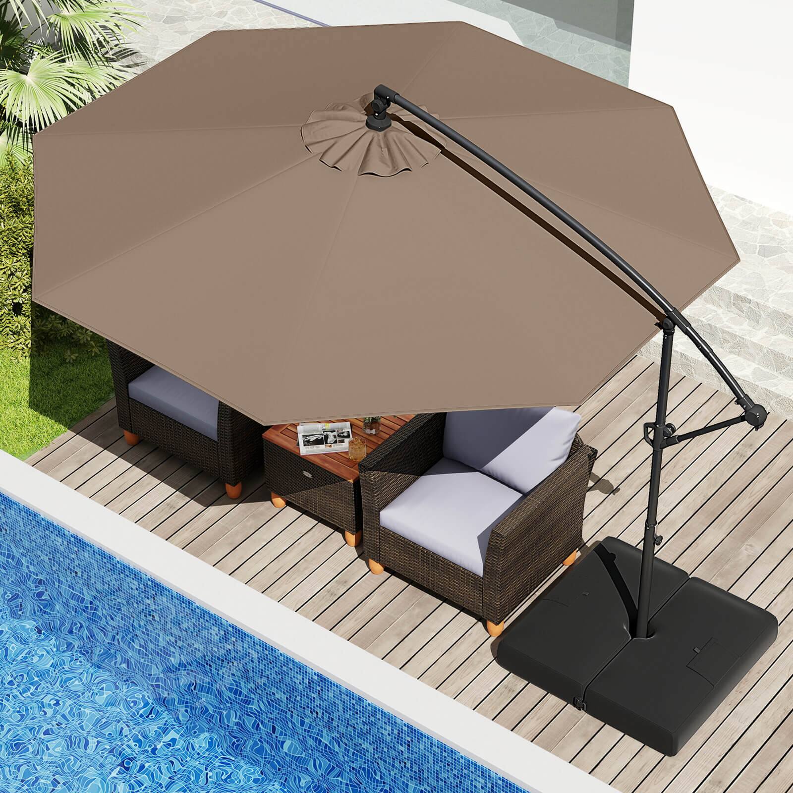 Alt View 2. Costway - Costway 10 FT Offset Hanging Umbrella with Base Patio Cantilever Umbrella 360° Rotation - Brown.