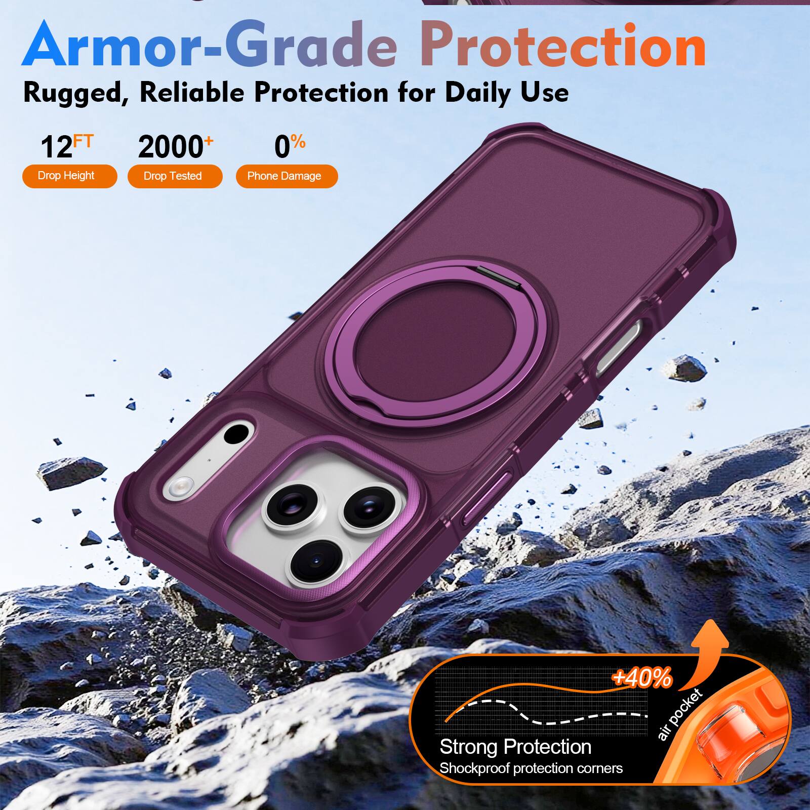 Armor-Grade Protection  
Rugged, Reliable Protection for Daily Use  

12FT  
2000+  
0%  

Drop Height  
Drop Tested  
Phone Damage  

+40% air pocket  
Strong Protection  
Shockproof protection corners