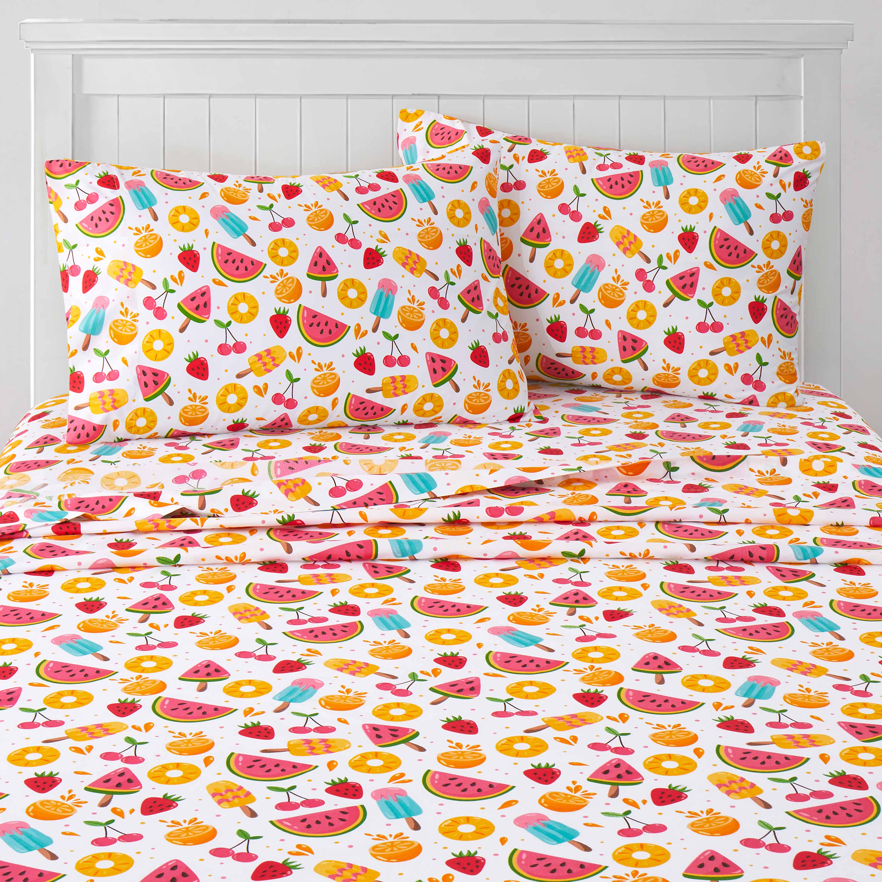 Left. Sweet Home Collection - Kids' Printed Classic & Bright Ultra Soft Microfiber Sheet Sets - Twin XL - Fruity Fun.