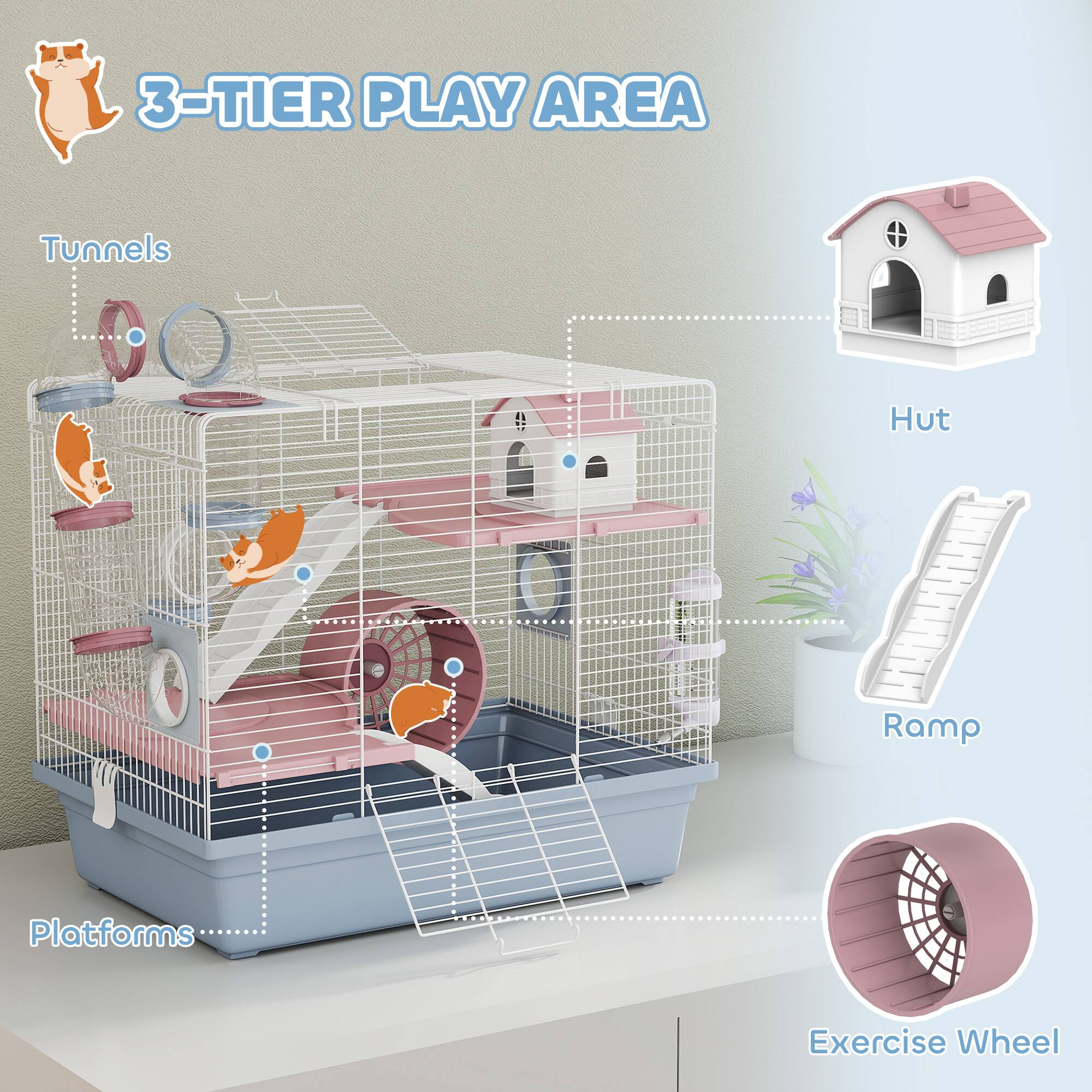 3-TIER PLAY AREA

- Tunnels
- Hut
- Ramp
- Platforms
- Exercise Wheel