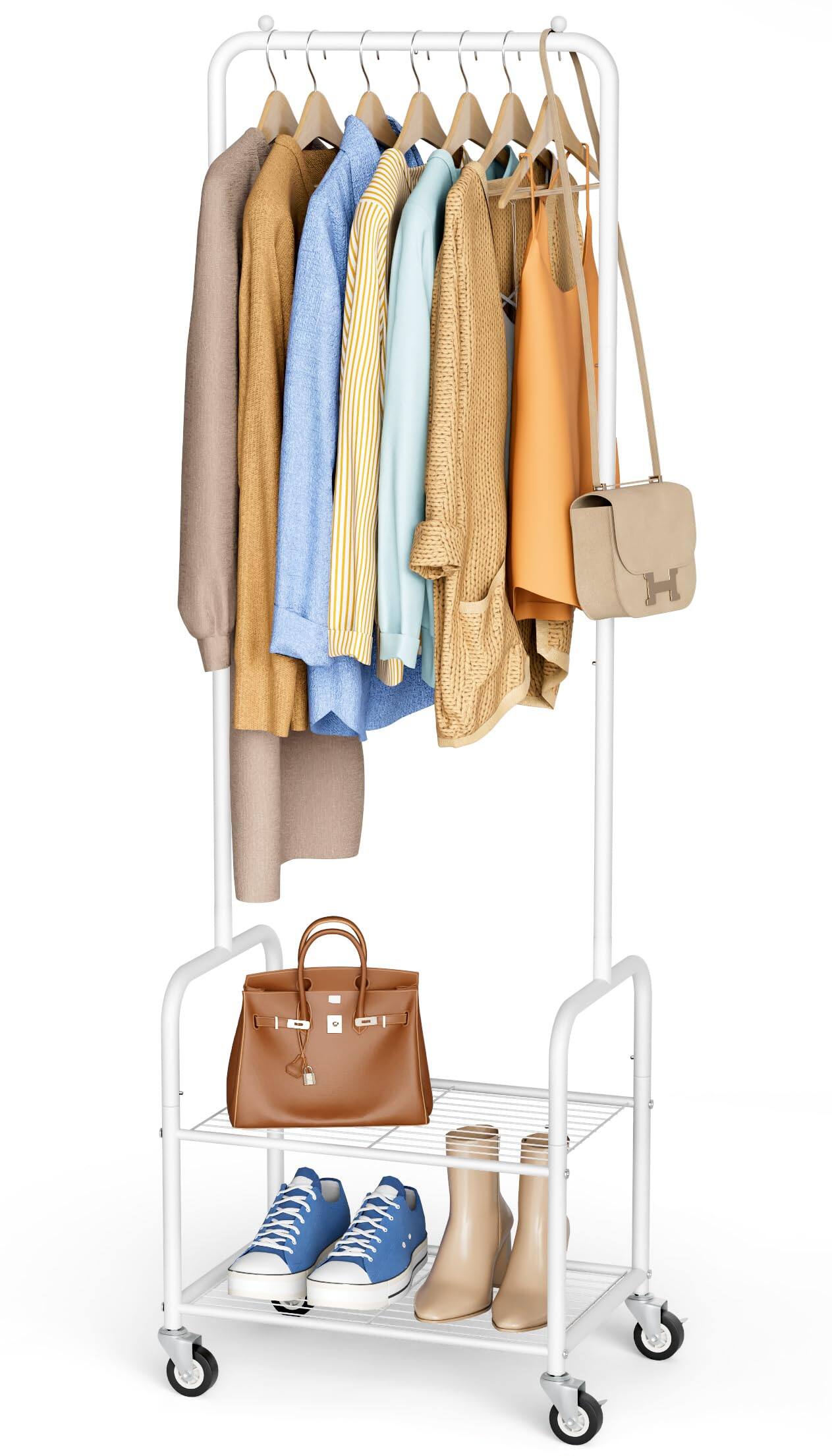 Front. Refined Abode Design - Small Clothes Rack With Shelves Metal Sturdy Rolling Clothing Racks For Hanging Portable Garment Wheels Shi... - White 18.5".