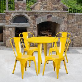 Emma + Oliver - Commercial Grade 30" Round Metal Indoor-Outdoor Table Set with 4 Cafe Chairs - Yellow
