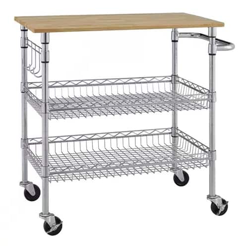 SlickBlue - Rolling Wood Top Kitchen Cart with 2 Bottom Storage Shelves - Silver, Natural
