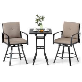Gymax - Set of 3 Swivel Bar Set Table & Chairs Set w/ Soft Cushions & Umbrella Hole - Brown