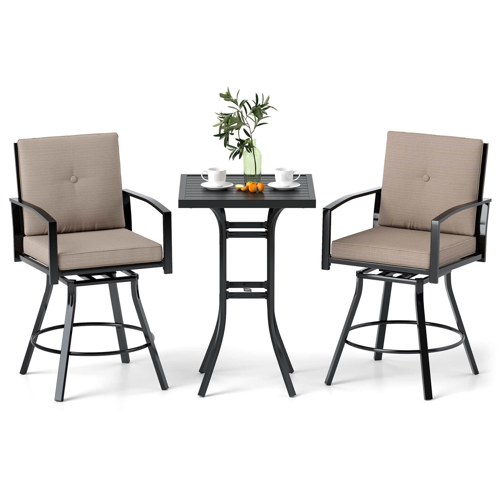 Front. Gymax - Gymax Set of 3 Swivel Bar Set Table & Chairs Set w/ Soft Cushions & Umbrella Hole - Brown.