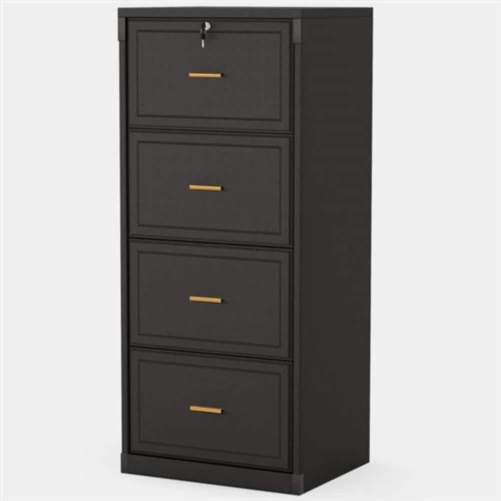 Hivvago - Vertical File Cabinet Wood Finish with 4 Lockable Storage Drawers - Black