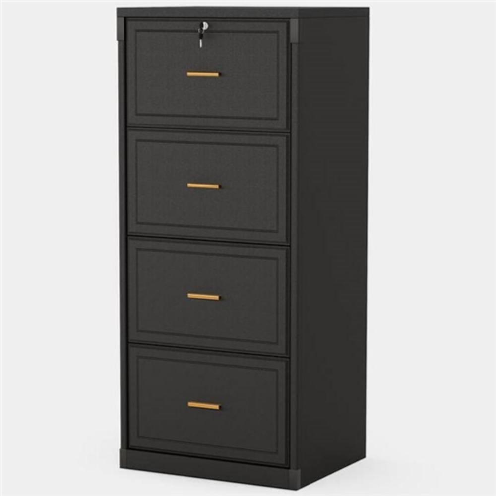 Front. Hivvago - Vertical File Cabinet in Black Wood Finish with 4 Lockable Storage Drawers - Black.