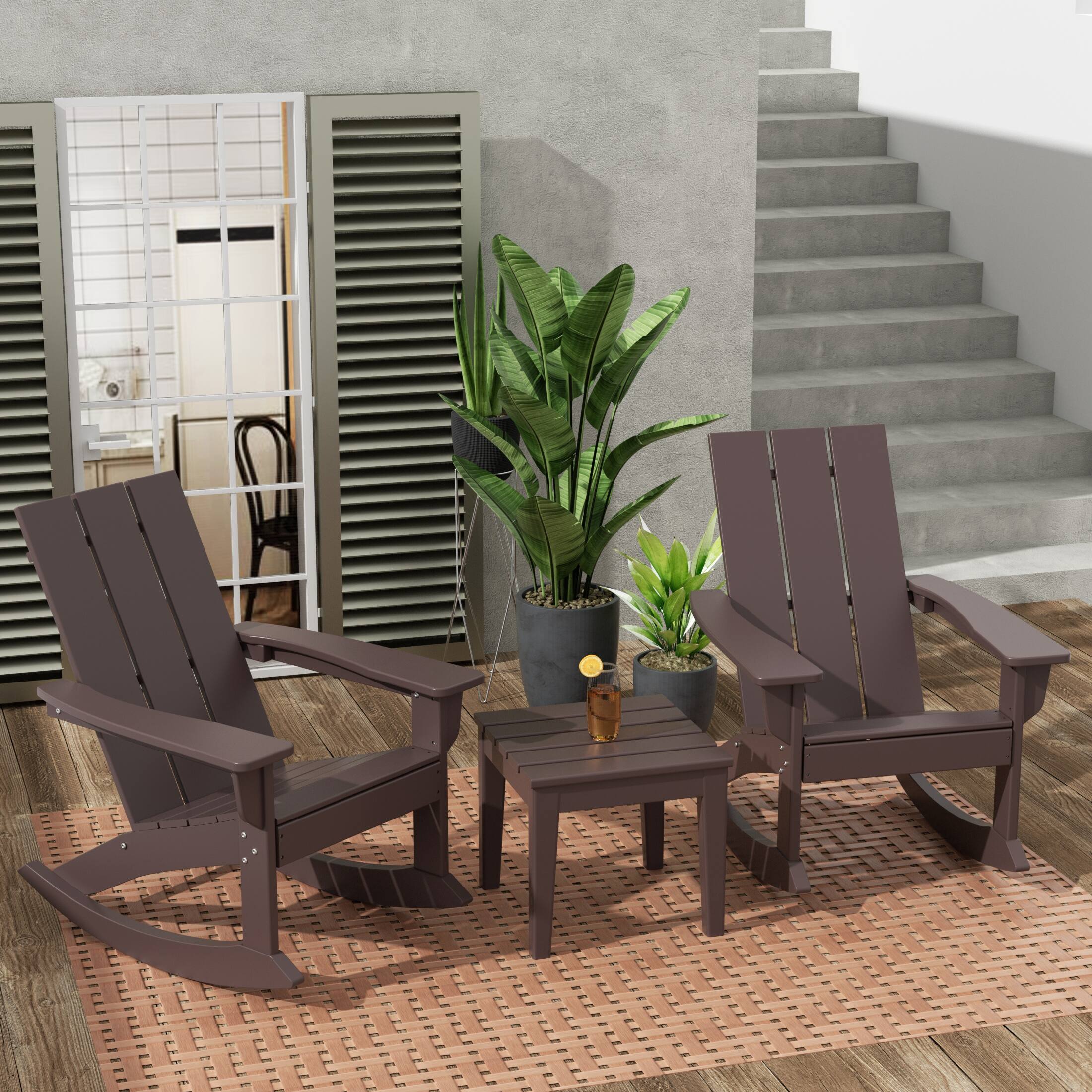 Angle. WestinTrends - WestinTrends Ashore Modern Rocking Poly Adirondack Chair With Side Table 3-Piece Set - Dark Brown.