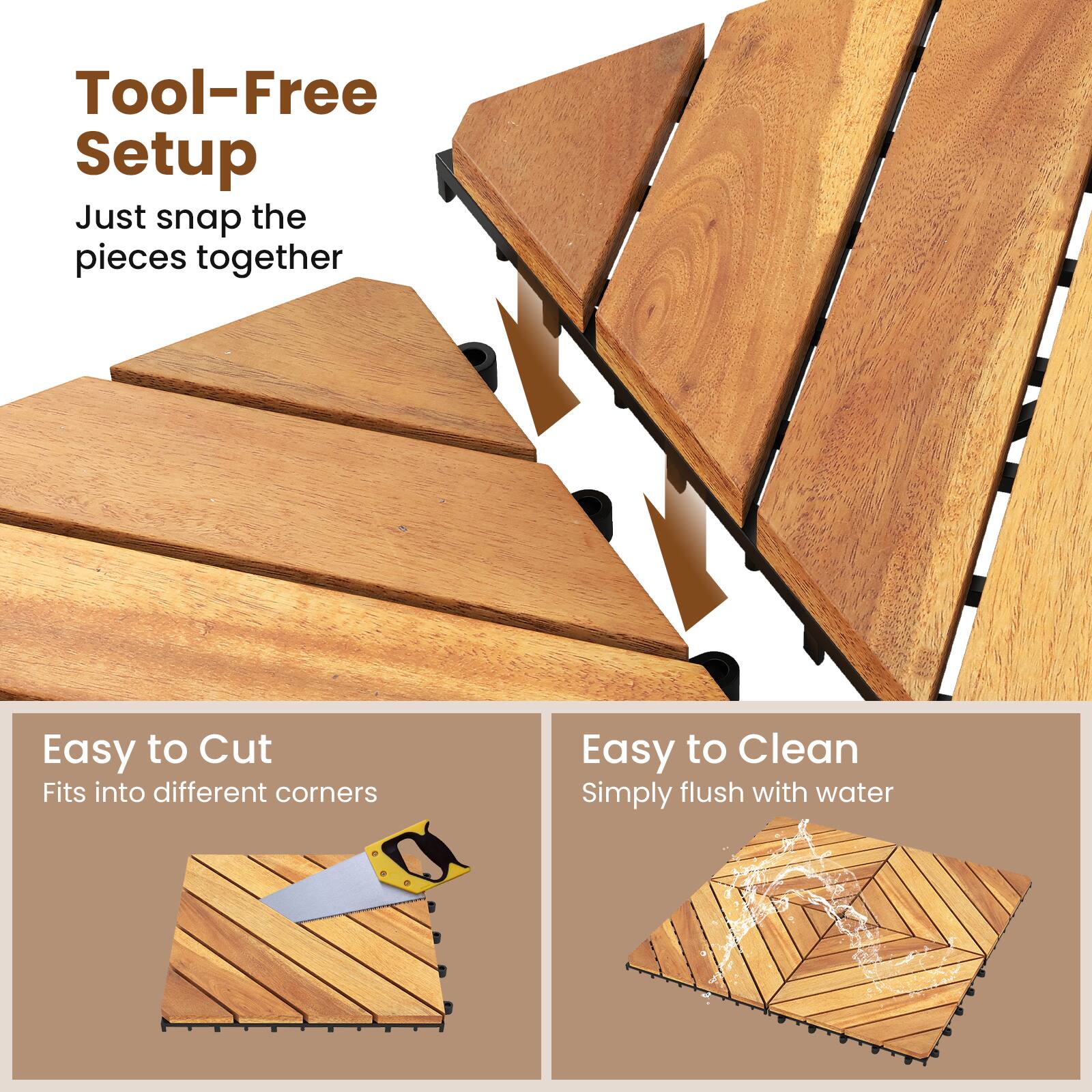 Tool-Free Setup  
Just snap the pieces together  

Easy to Cut  
Fits into different corners  

Easy to Clean  
Simply flush with water