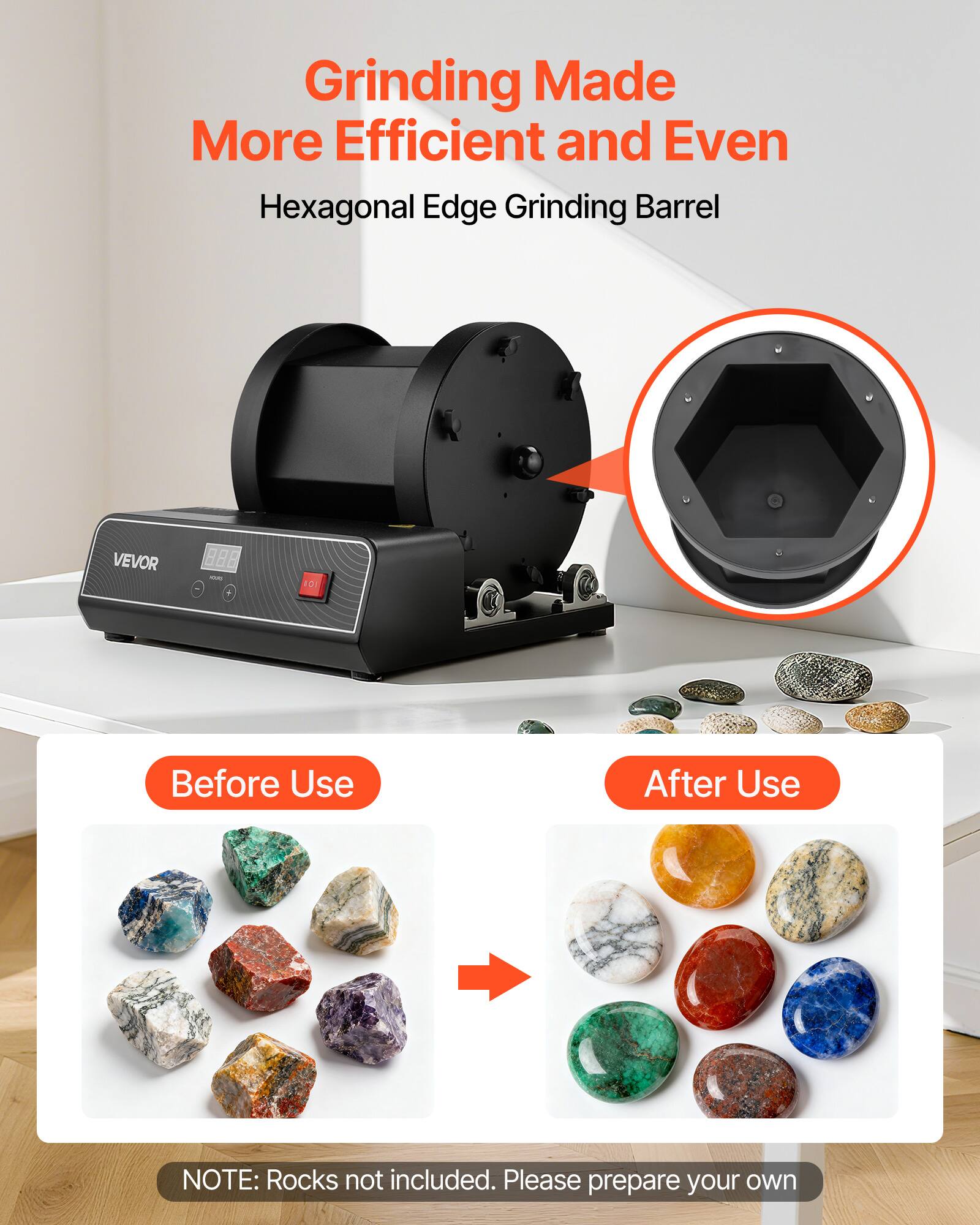 Grinding Made More Efficient and Even  
Hexagonal Edge Grinding Barrel  

Before Use  
After Use  

NOTE: Rocks not included. Please prepare your own.