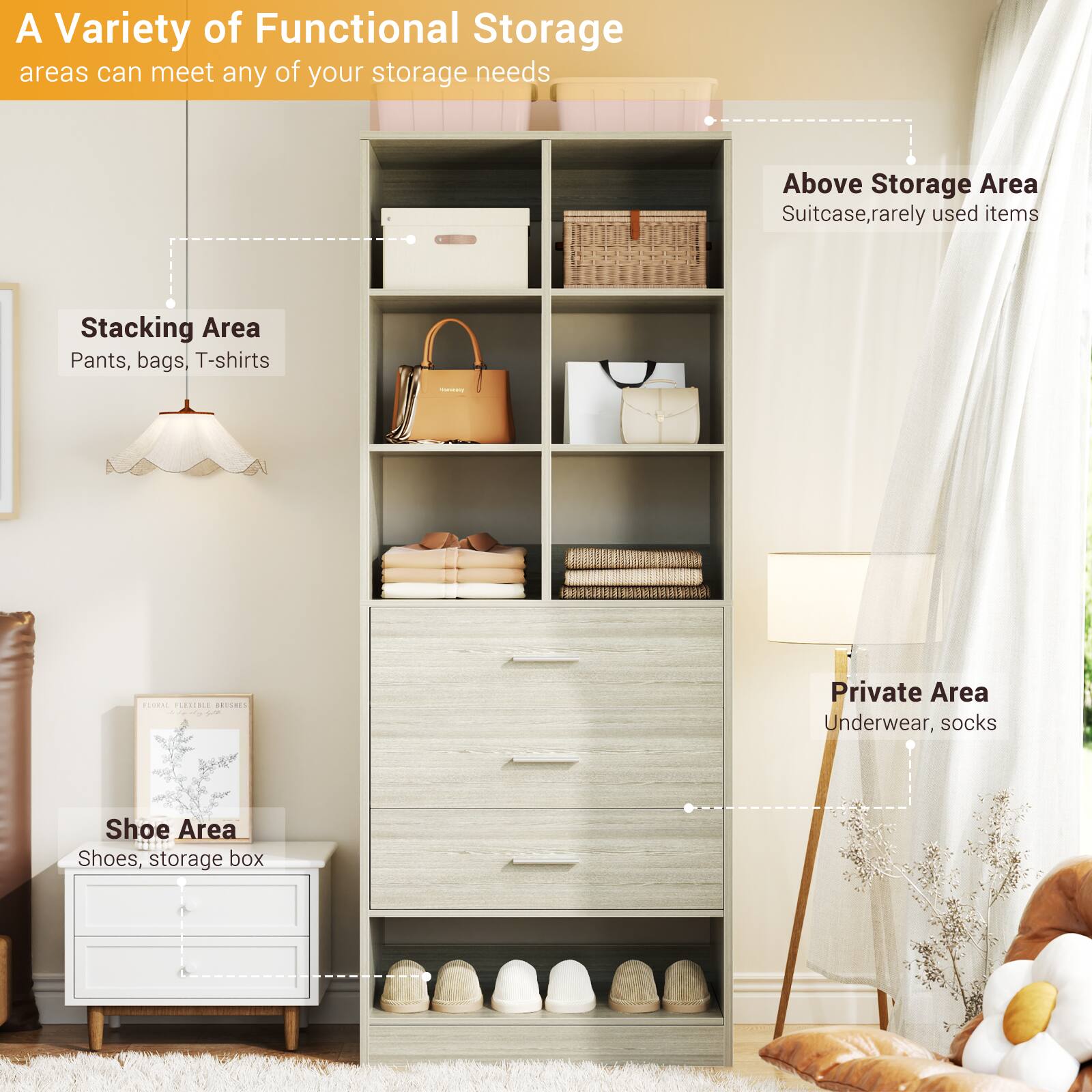 A Variety of Functional Storage areas can meet any of your storage needs

- Above Storage Area
  - Suitcase, rarely used items

- Stacking Area
  - Pants, bags, T-shirts

- Shoe Area
  - Shoes, storage box

- Private Area
  - Underwear, socks