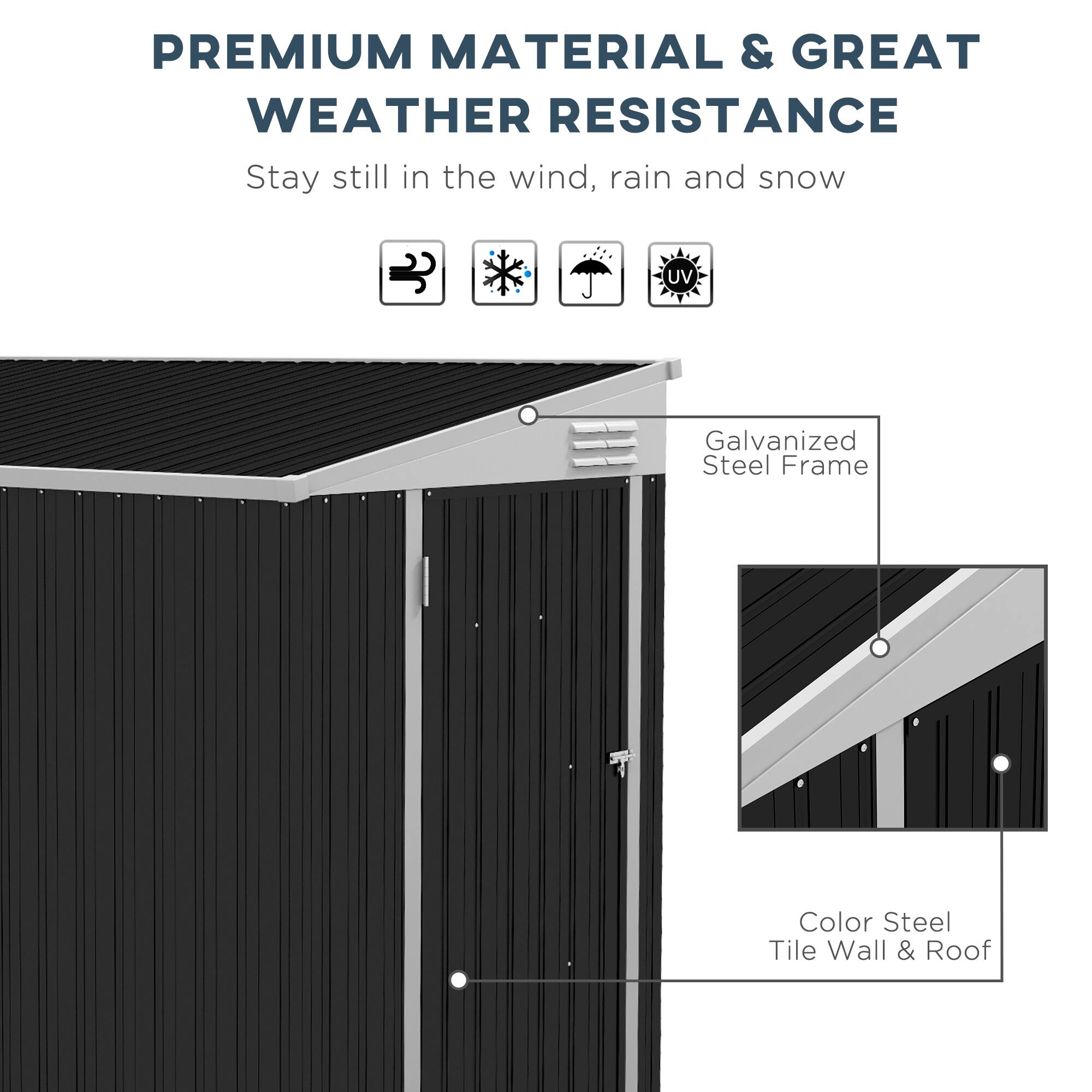 PREMIUM MATERIAL & GREAT WEATHER RESISTANCE
Stay still in the wind, rain and snow
Galvanized Steel Frame
Color Steel Tile Wall & Roof