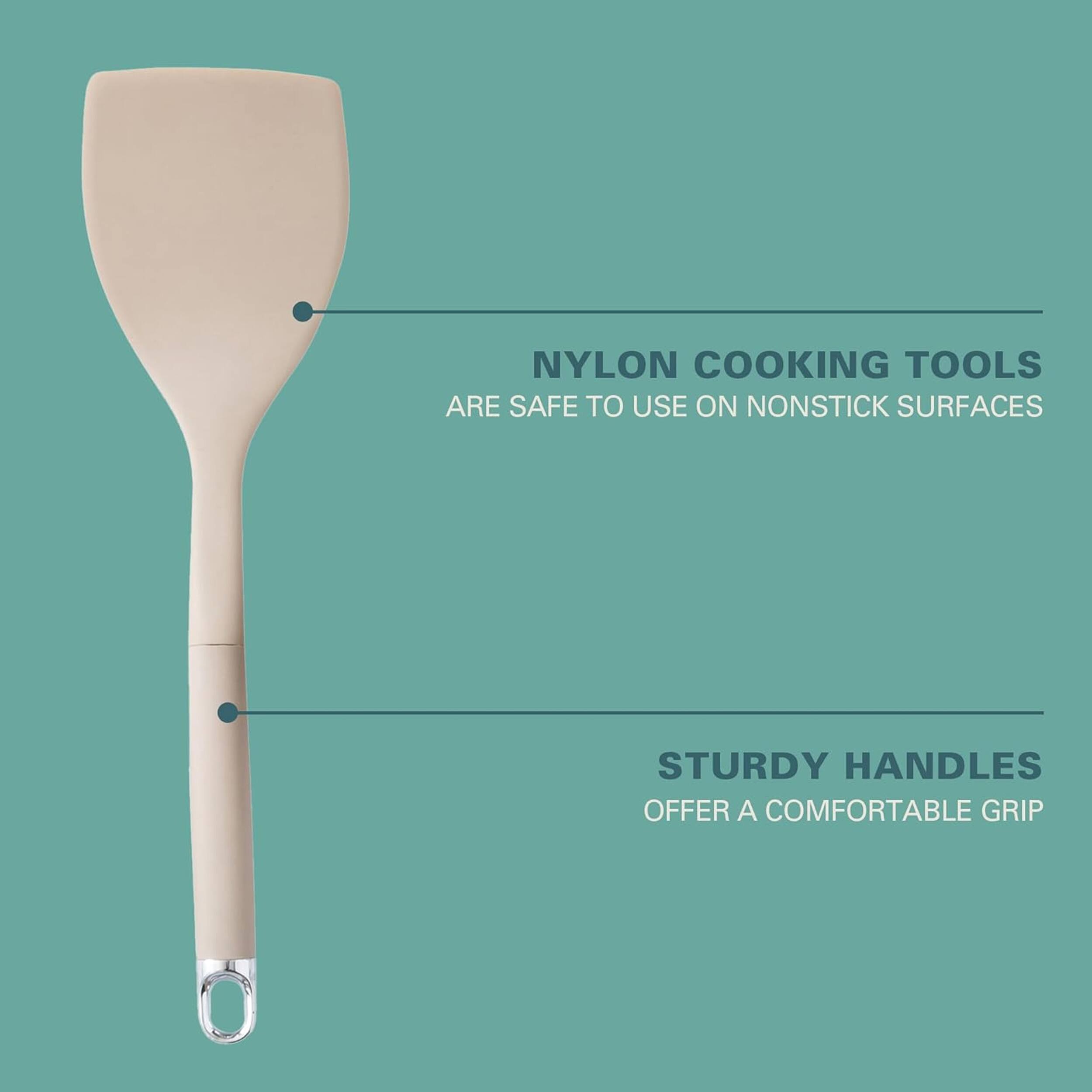 Nylon cooking tools are safe to use on nonstick surfaces. Sturdy handles offer a comfortable grip.