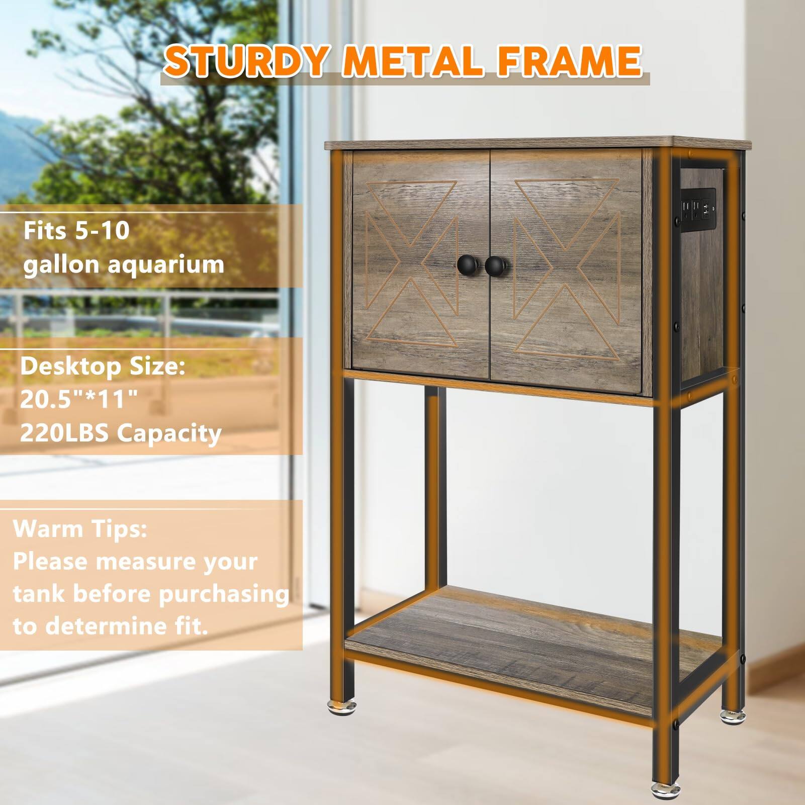 STURDY METAL FRAME

Fits 5-10 gallon aquarium

Desktop Size: 20.5" x 11"

220LBS Capacity

Warm Tips: Please measure your tank before purchasing to determine fit.
