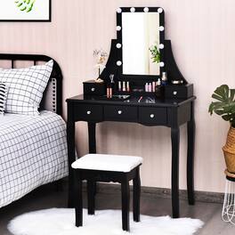 Gymax - Vanity Dressing Table Set w/Removable Box &10 Dimmable Bulbs Touch Switch - Black