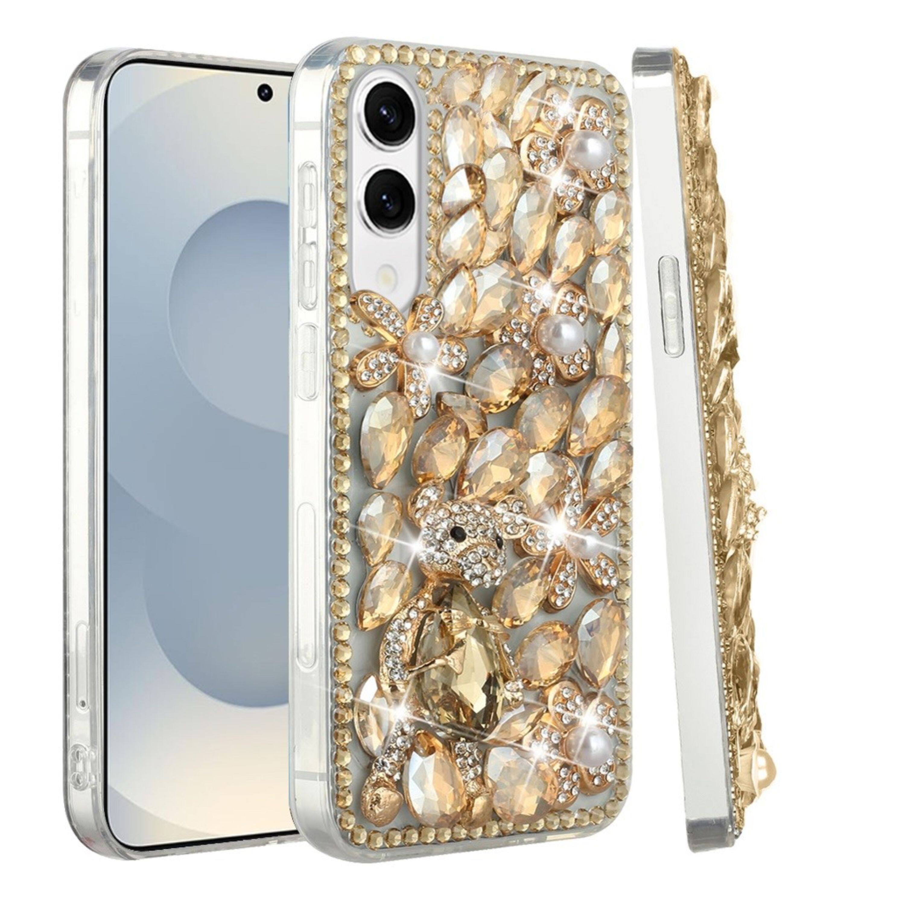Front. Kitcheniva - Full Diamond Bling 3D Jewel Ornaments With Tempered Glass For Samsung Galaxy S25 Edge Gold Panda Floral - Multicolor.