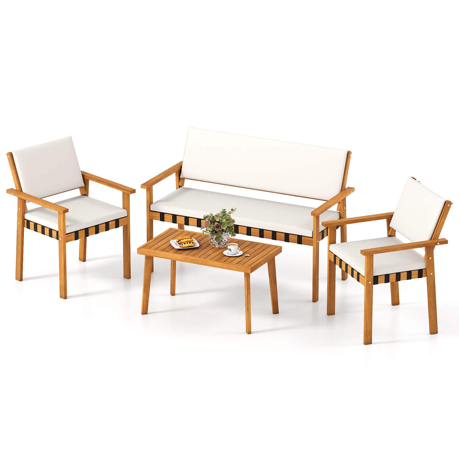Costway - 4 PCS Wood Furniture Set with Coffee Table Seat Back Cushions for Backyard, Porch - Natural+Off-White price history on PriceWatchPro