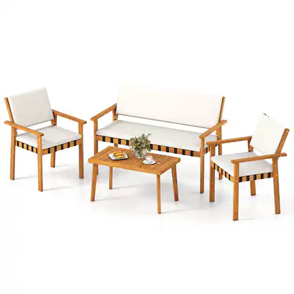 Front. Costway - Costway 4 PCS Wood Furniture Set with Coffee Table Seat Back Cushions for Backyard, Porch - Natural+Off-White.