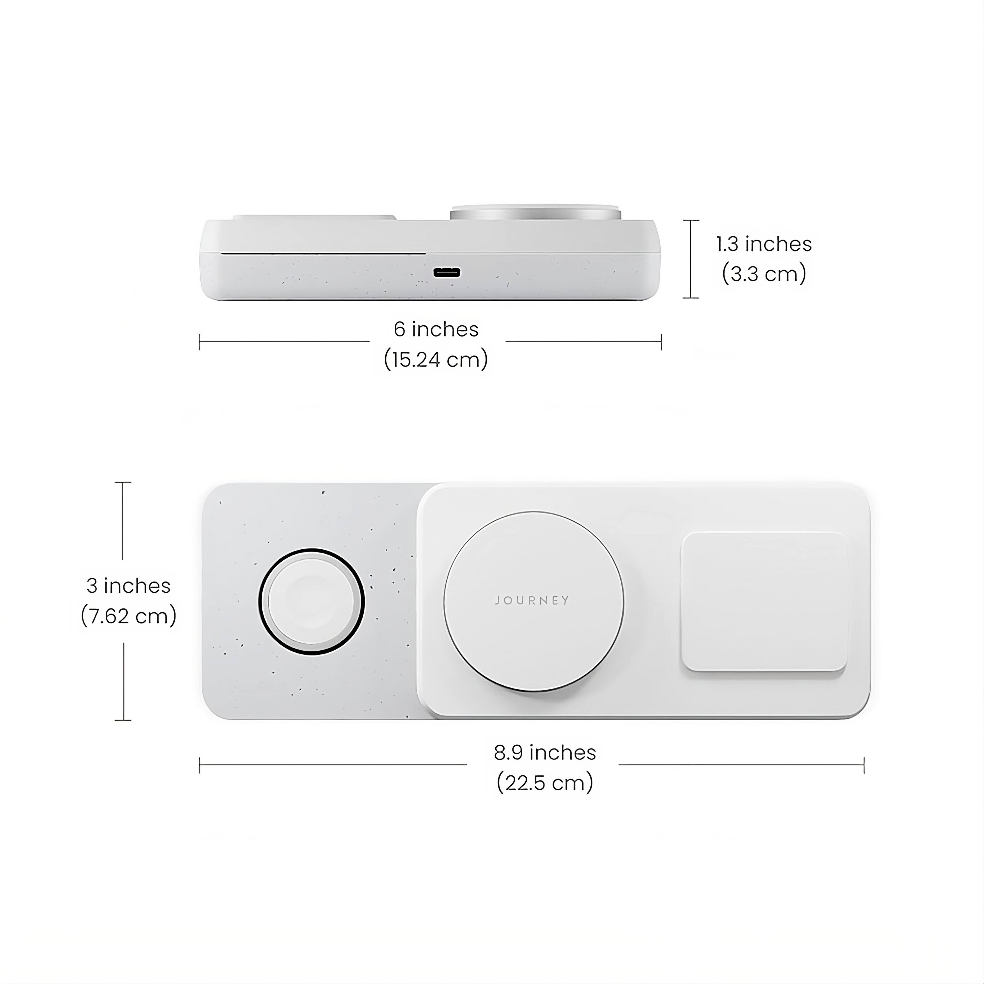 The image shows a white device with a 6-inch (15.24 cm) length, a 1.3-inch (3.3 cm) width, and a 3-inch (7.62 cm) height. The device is called Journey.