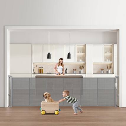 Front. VEVOR - Retractable Baby Gate, 34 inch Tall, Extends up to 110 inch Wide, Retractable Gate for Kids or Pets, Mesh Material.