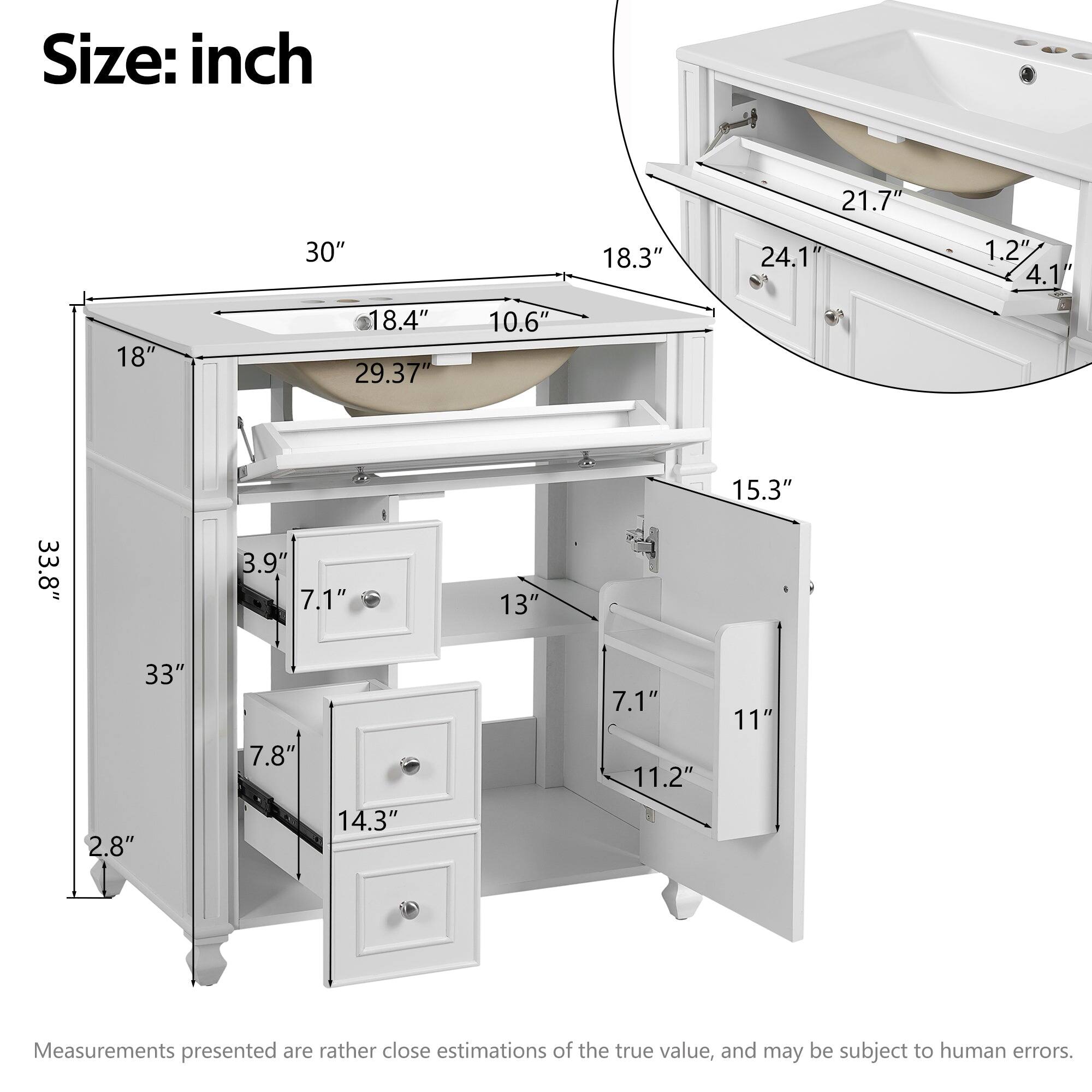Size: inch  
21.7" 30" 18.3" 24.1" 1.2" 4.1" 18" 18.4" 29.37" 10.6" 33.8" 3.9" 7.1" 13" 15.3" 33" 2.8" 7.8" 14.3" 7.1" 11.2" 11"  

Measurements presented are rather close estimations of the true value, and may be subject to human errors.