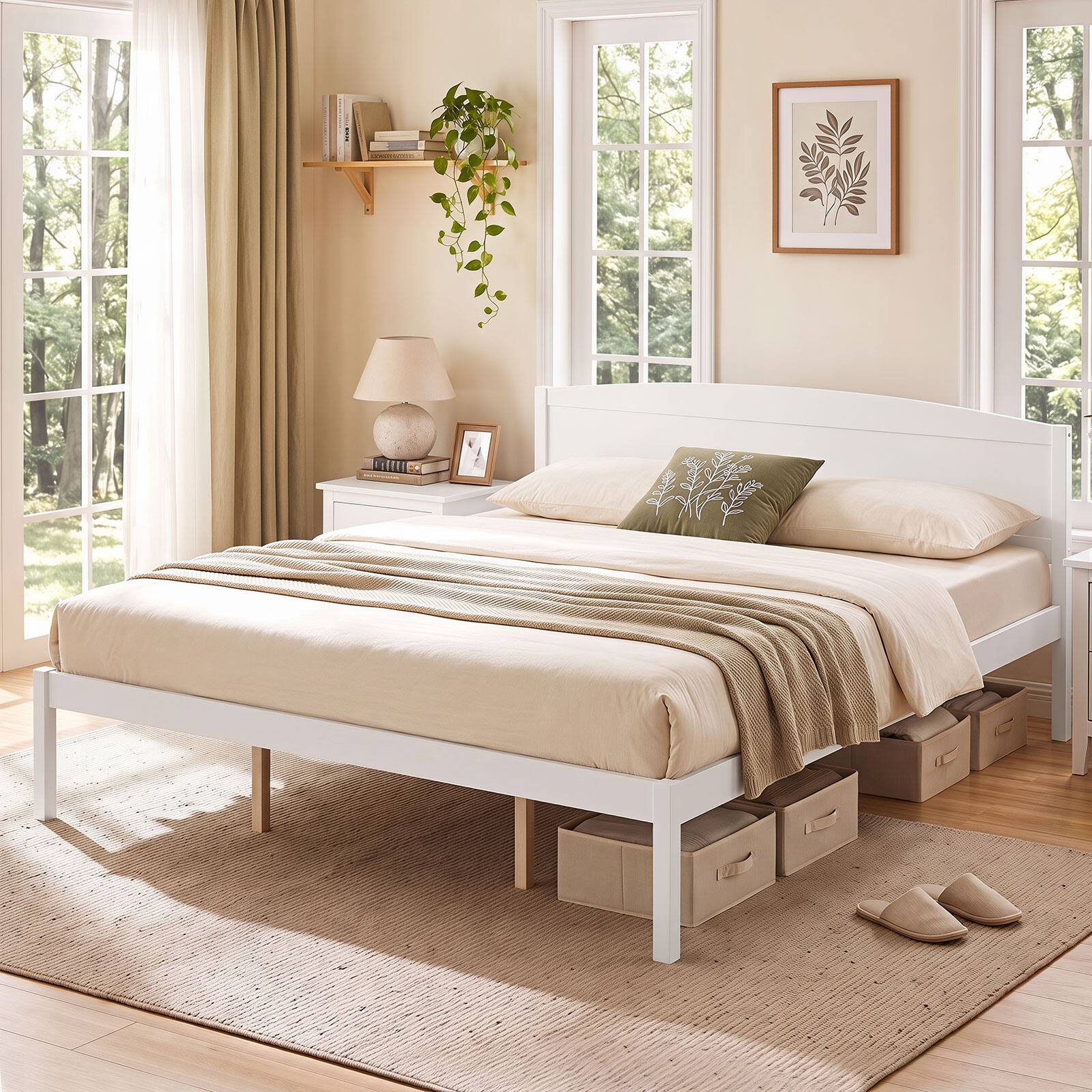 Alt View 3. Gymax - Gymax King Size Wooden Platform Bed Frame w/Curved Headboard Solid Pine Wood Legs White - White.