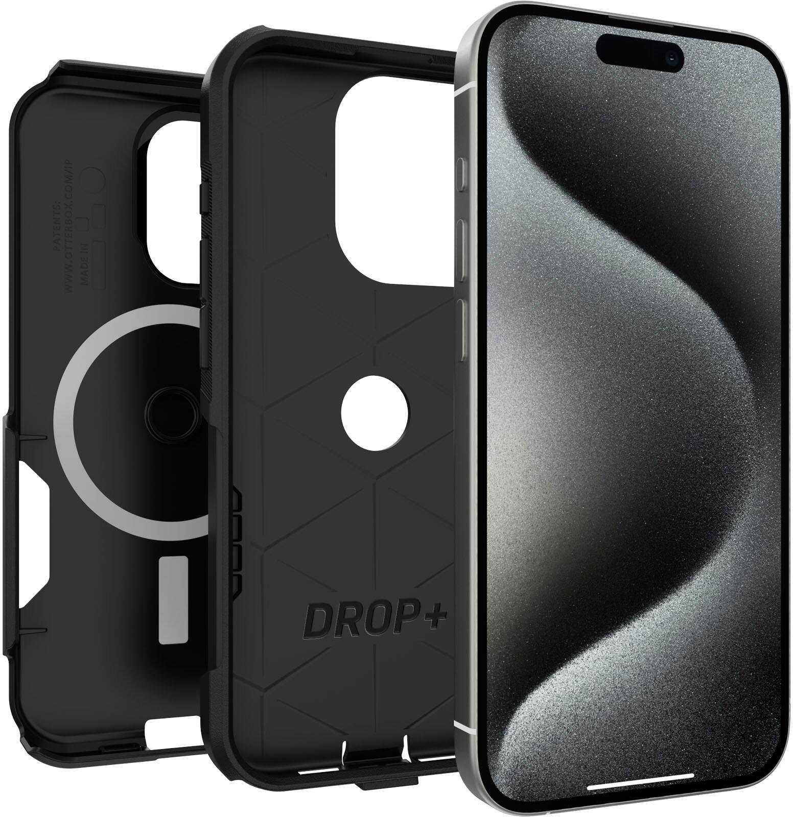 The image shows three different cases for a cell phone. The cases are black and have a unique design. They are made by the company Drop+. The cases are designed to protect the phone and provide a stylish look. The cases are available for purchase on the company's website.