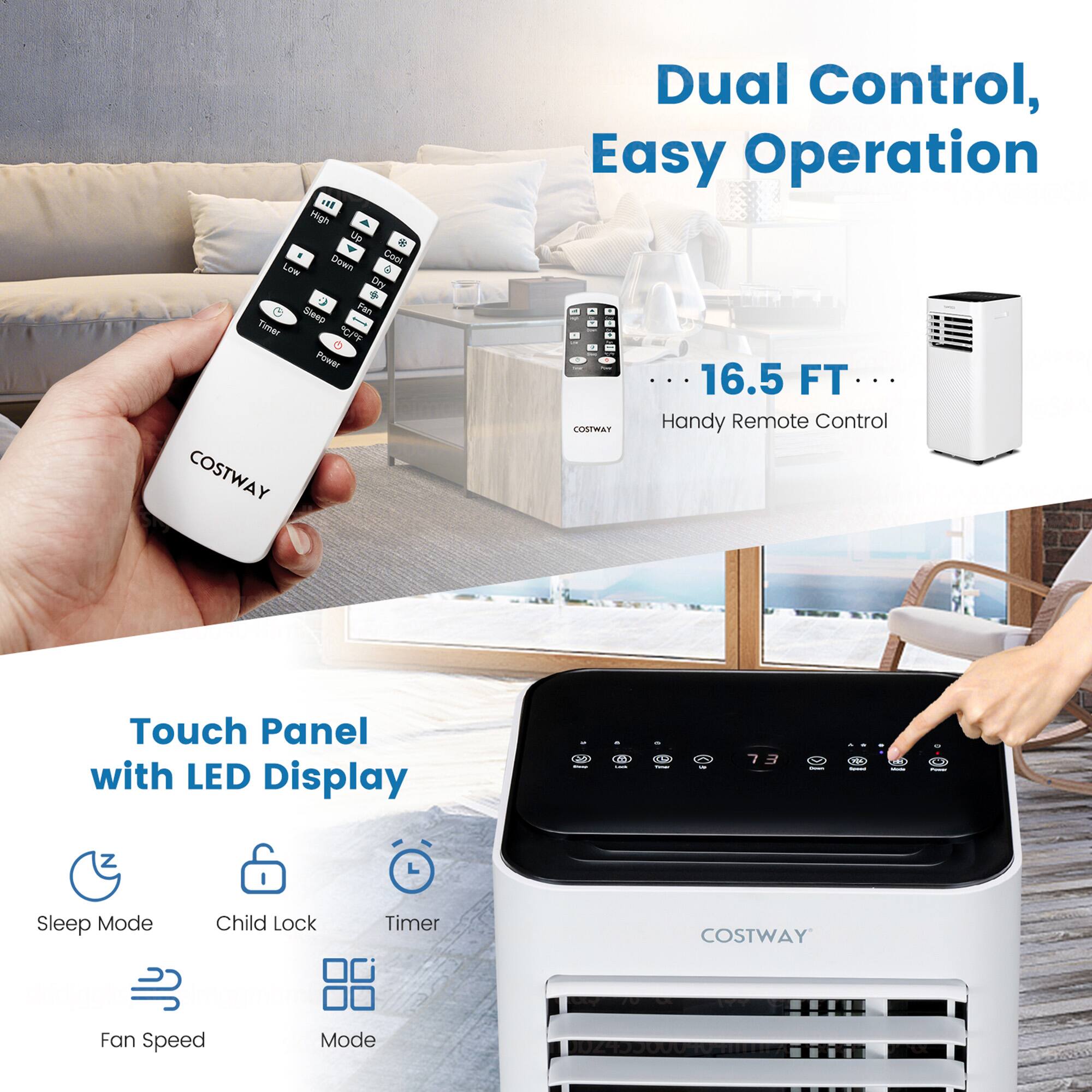 Dual Control, Easy Operation 16.5 FT Handy Remote Control COSTWAY Touch Panel with LED Display - Sleep Mode Child Lock Timer COSTWAY Fan Speed Mode