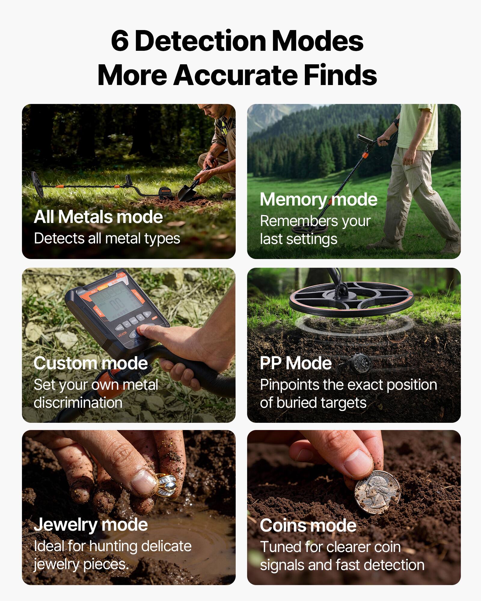 6 Detection Modes  
More Accurate Finds

- All Metals mode  
  Detects all metal types

- Memory mode  
  Remembers your last settings

- Custom mode  
  Set your own metal discrimination

- PP Mode  
  Pinpoints the exact position of buried targets

- Jewelry mode  
  Ideal for hunting delicate jewelry pieces

- Coins mode  
  Tuned for clearer coin signals and fast detection