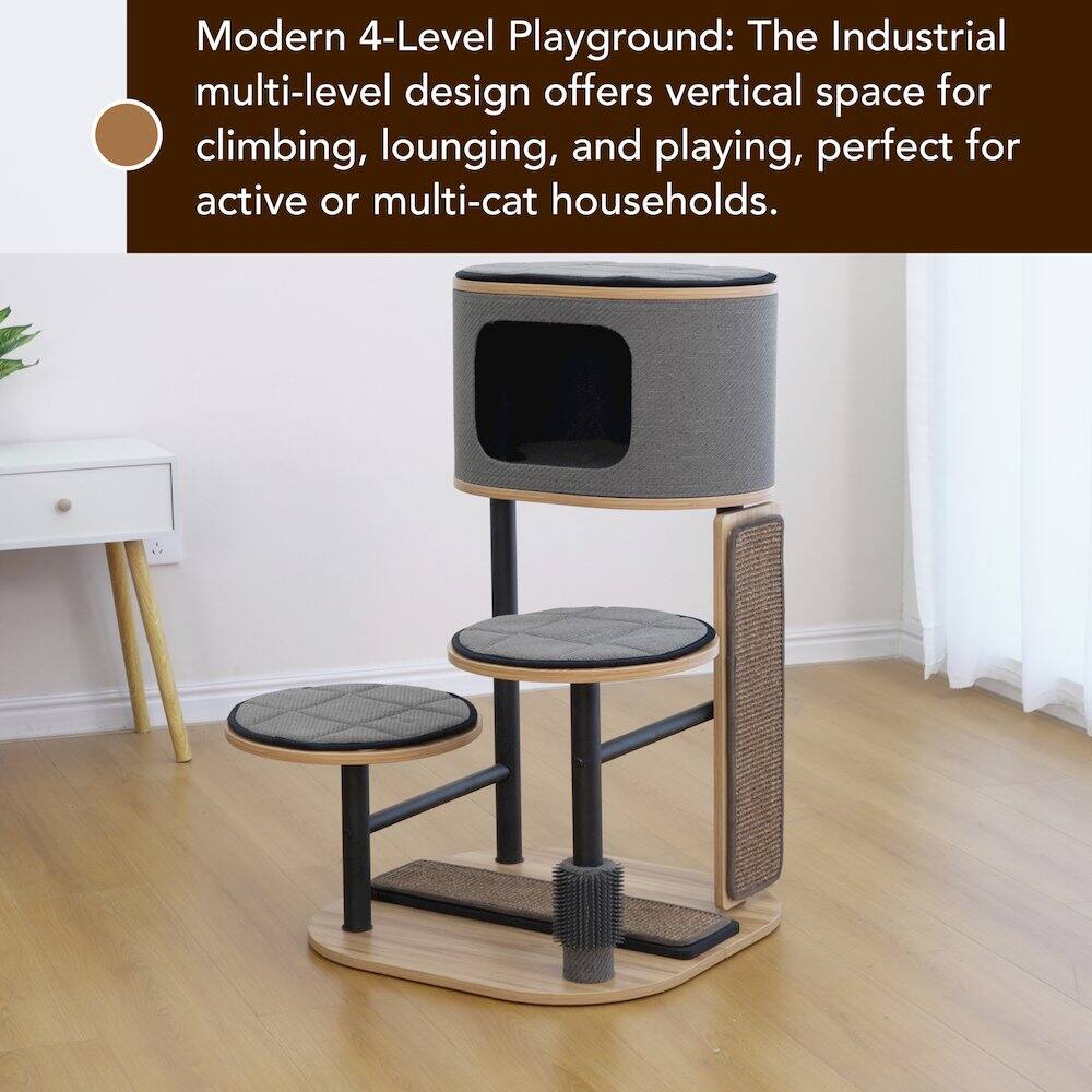 Modern 4-Level Playground: The Industrial multi-level design offers vertical space for climbing, lounging, and playing, perfect for active or multi-cat households.
