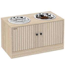 Pawhut - Dog Bowls with Storage Cabinet, 2 Stainless Steel Bowls, Slow Feeder - Oak