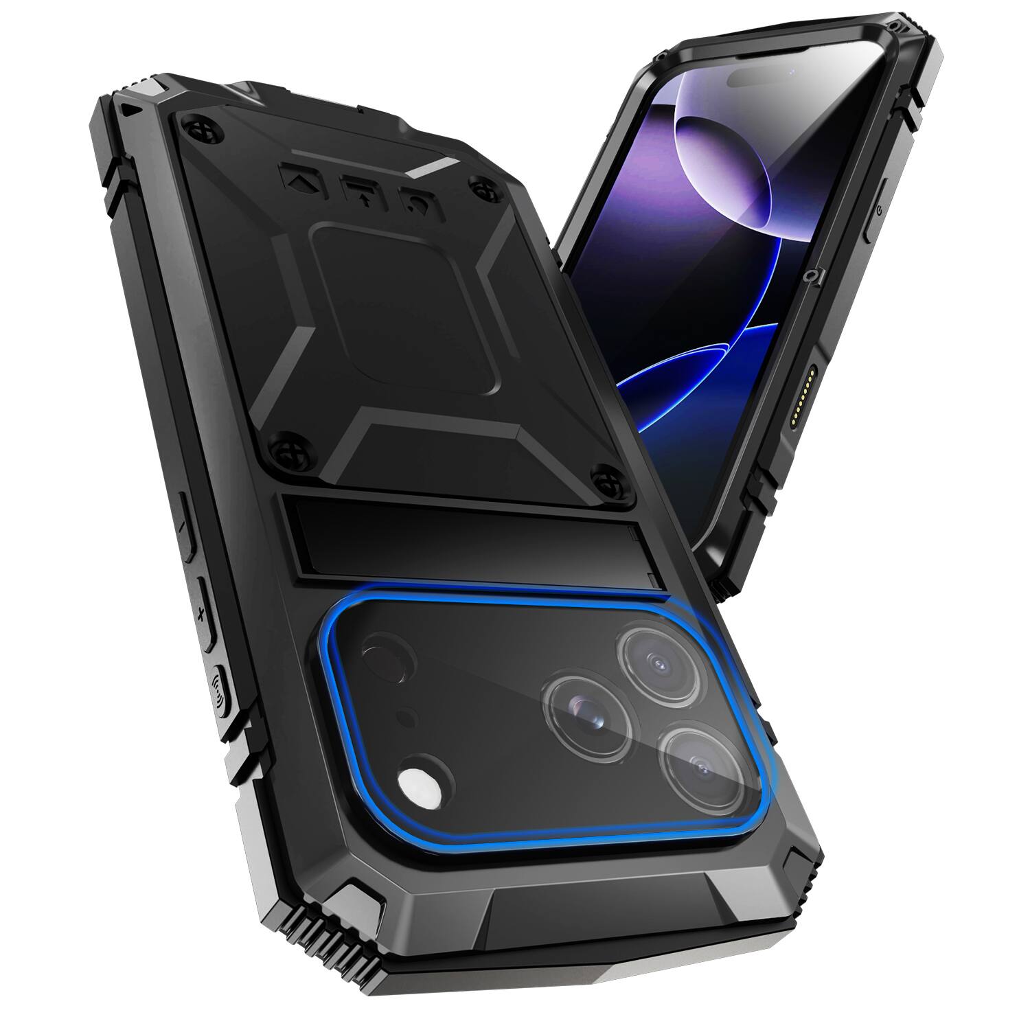 Angle. Dteck - For iPhone 17 Pro Max Case Outdoor Sports Kickstand Rugged Heavy Duty Full Body Cover with Built in Screen Protector - Black.