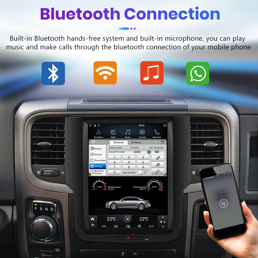 Bluetooth Connection

Built-in Bluetooth hands-free system and built-in microphone, you can play music and make calls through the Bluetooth connection of your mobile phone.

- Navigation
- Radio
- Music
- Keypad
- Recents
- Phone Book
- Settings
- Bluetooth Devices

Device name: .1 T2CH
Device Pin Code: 0000

1 2 3 4 5 6 7 8 9 0

Auto answer: x

Not connected

Running speed: 0 km/h
Rotating speed: 0 km/h

22°C

PRND

A/C ON

22°C