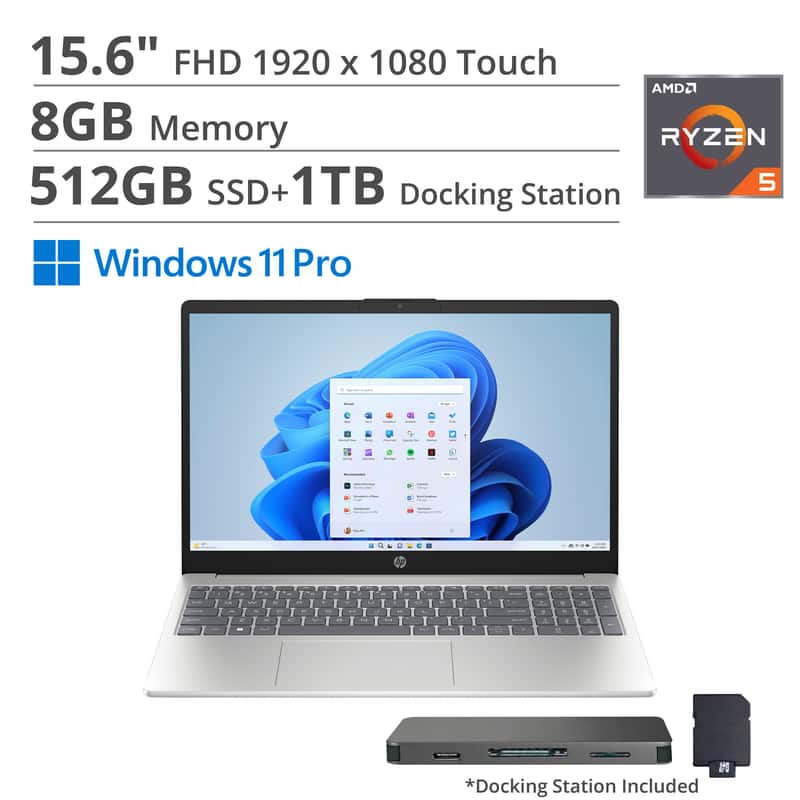 HP - 15.6" FHD Touch Laptop,AMD Ryzen 5 7520U,Intel UHD Graphics,8GB RAM,512GB SSD+1TB Docking Station,Win 11 Pro - Silver
