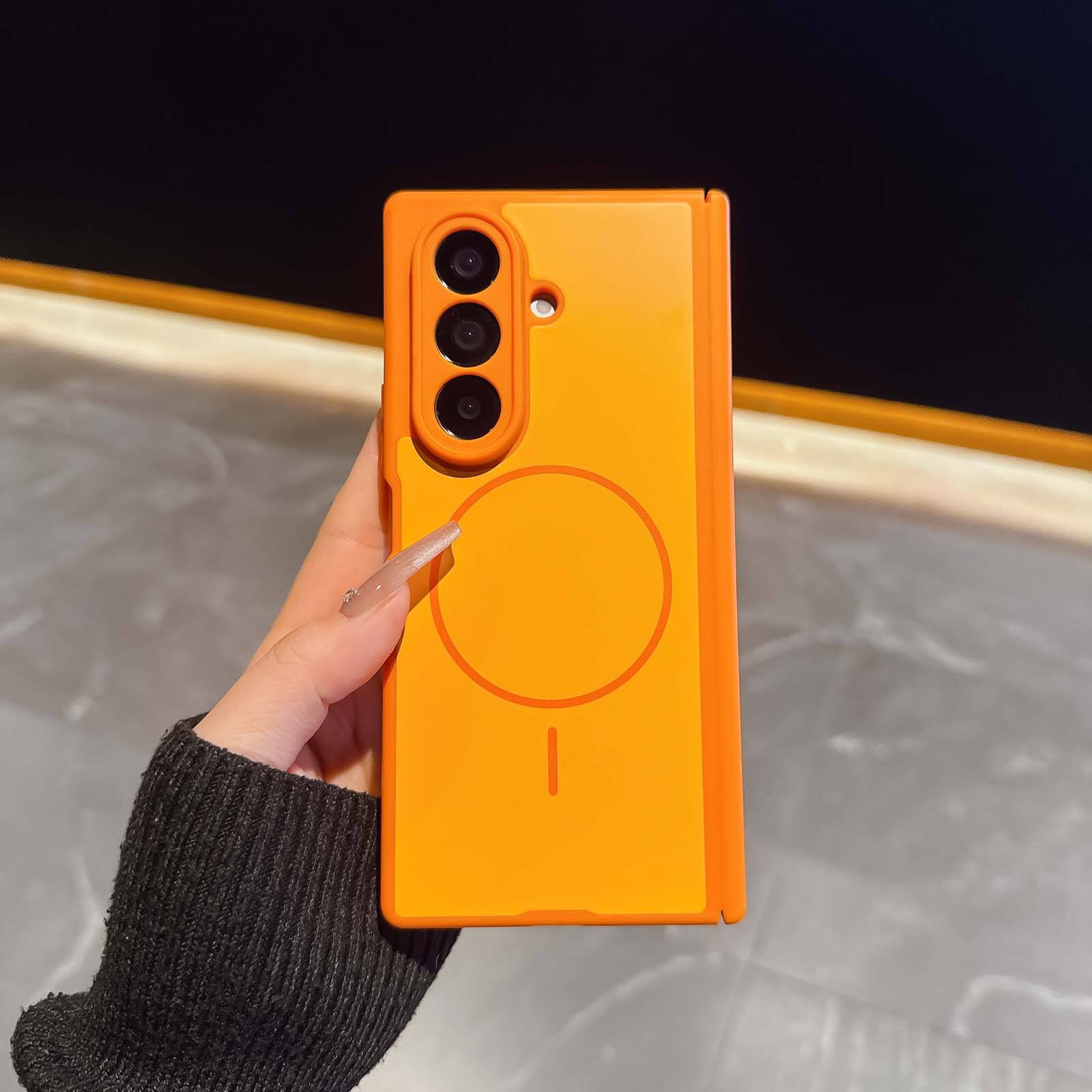 Front. Dteck - Shockproof Magnetic Back Case for Samsung Galaxy Z Fold7, Slim Hybrid Cover with Hinge Guard, Raised Edge Screen Camera - Orange.