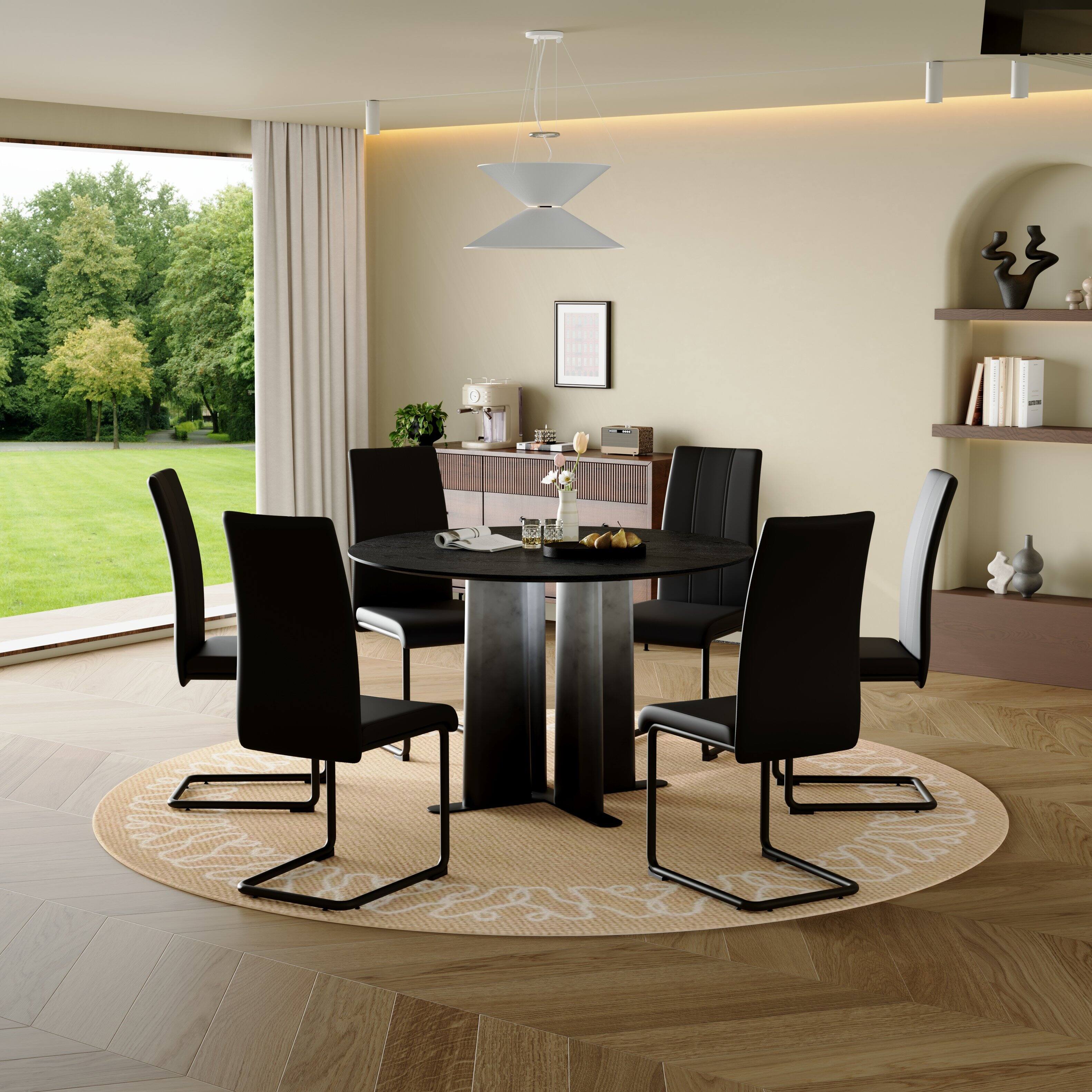 Back. Loheer - Loheer- 3.94 Ft Round Black Wood Grain MDF Dining Table with Cross Base Modern Kitchen Table for Small Spaces - Black.