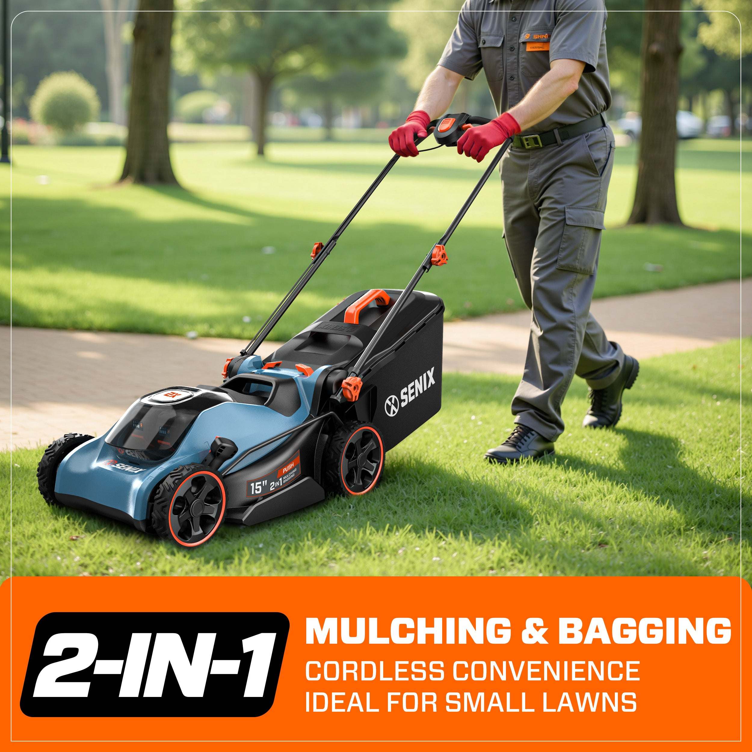 - SENIX S
- 15" MULCHING & BAGGING 2-IN-1 CORDLESS CONVENIENCE IDEAL FOR SMALL LAWNS

2-IN-1  
MULCHING & BAGGING  
CORDLESS CONVENIENCE  
IDEAL FOR SMALL LAWNS