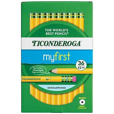 THE WORLD'S BEST PENCIL  
TICONDEROGA  

myfirst  
36  
#2 HB  

The Perfect Oversized Beginner's Pencil  

UNSHARPENED  

ROUND  
13/32" DIAMETER