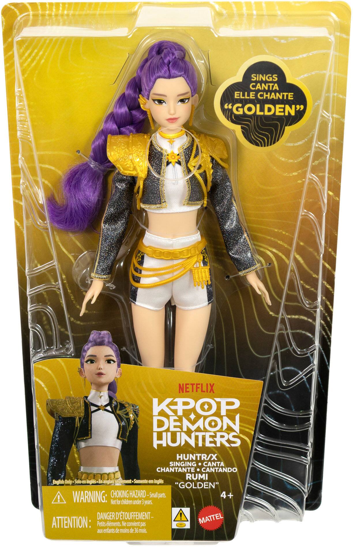 SINGS CANTA ELLE CHANTE "GOLDEN"

NETFLIX KPOP DEMON HUNTERS HUNTR/X SINGING CANTA CHANTANTE 0 CANTANDO RUMI

English Only Solp en agls is anglas expent Somente en ingles "GOLDEN"

WARNING: CHOKING HAZARD-Small parts. Not for children under 3 years. DANGER OUFFEMENT- MATTEL ATTENTION: Petits éléments, le convient 22 126 fanfants de moins de 3 ans.