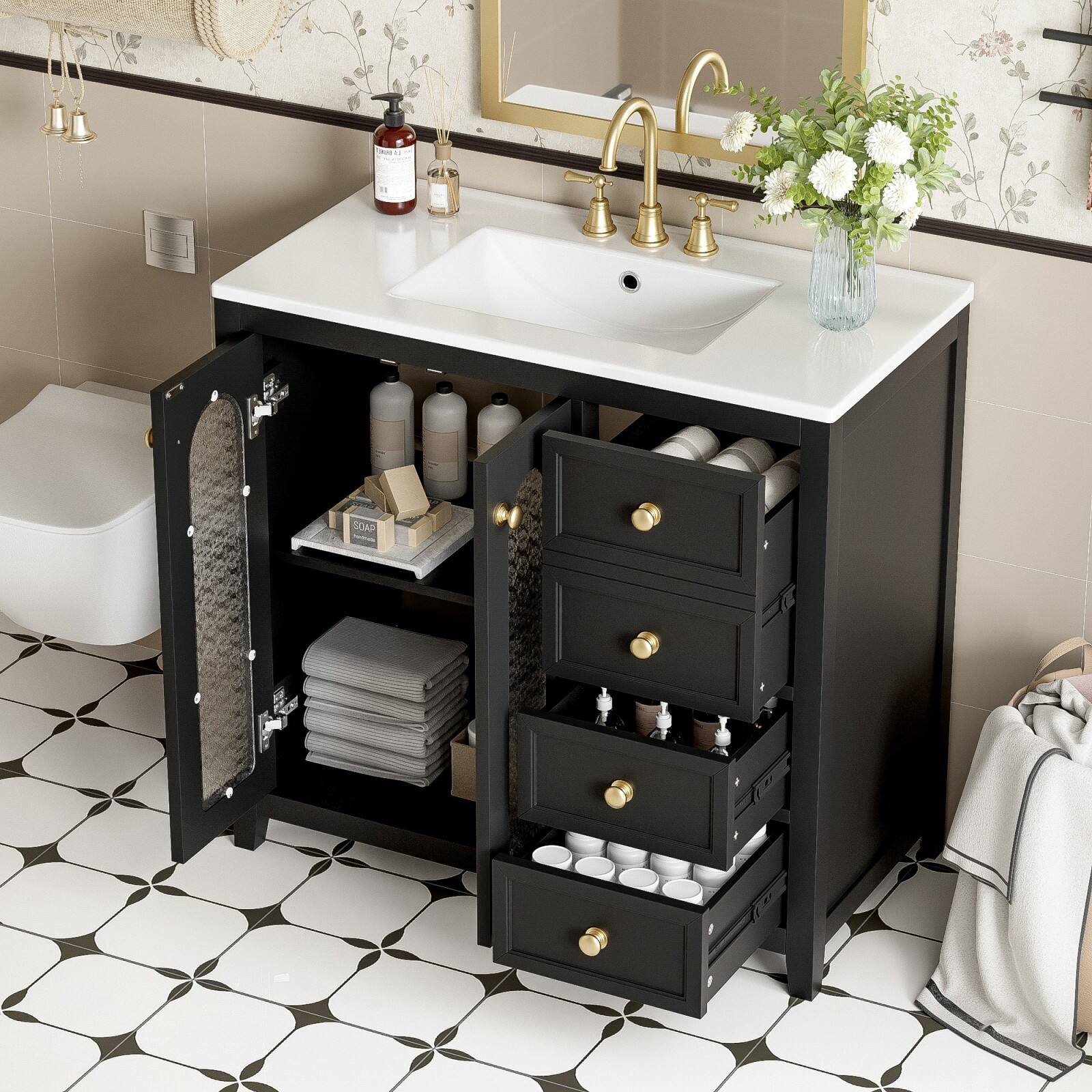 Alt View 1. Glintex - 36 Inch Bathroom Vanity with Ceramic Sink, 3 Drawers, Adjustable Shelf, and Soft-Close Doors - Black.