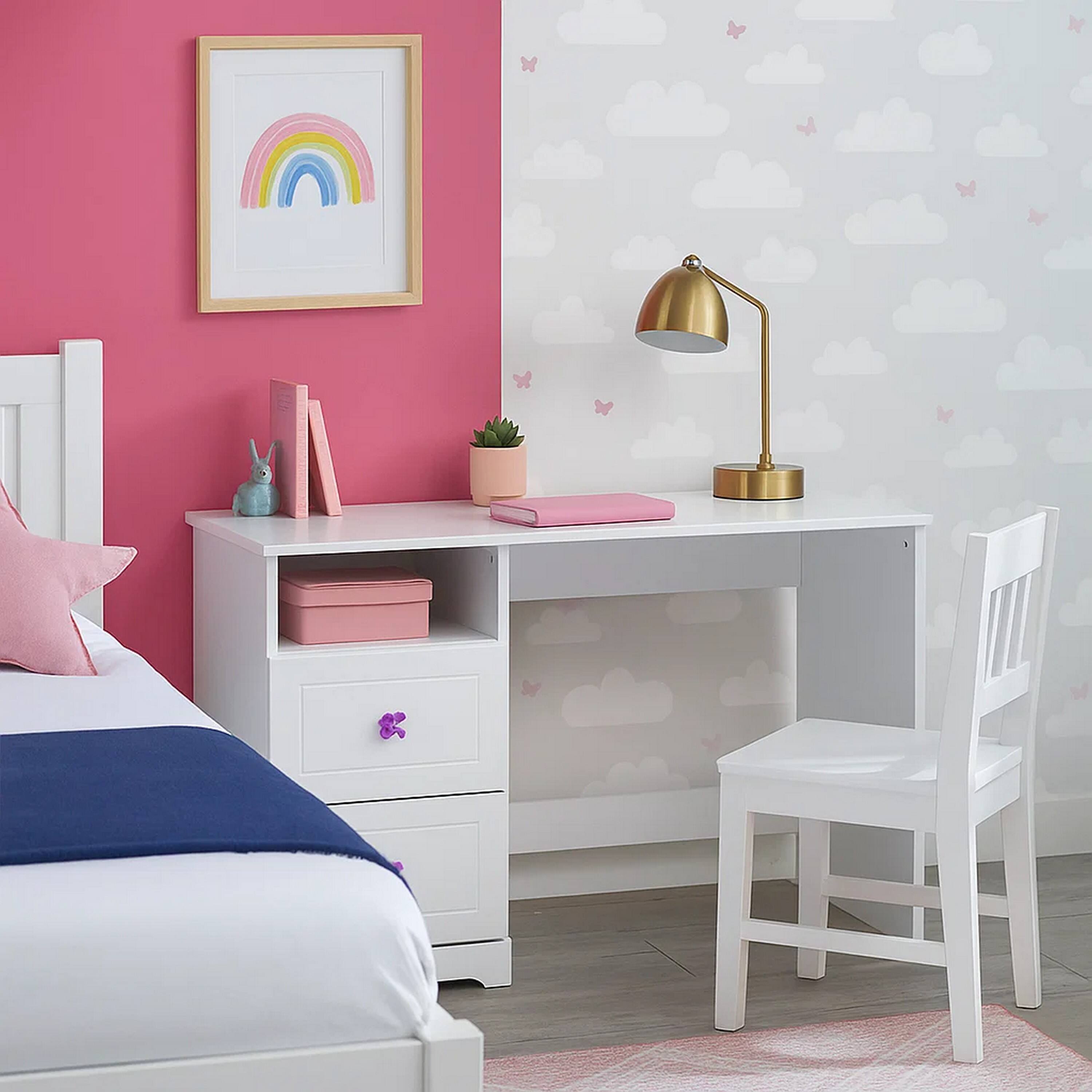 Alt View 2. Manhattan Lane - Wooden Table Desk with 2 Drawers and 1 Open Compartment, White - White.