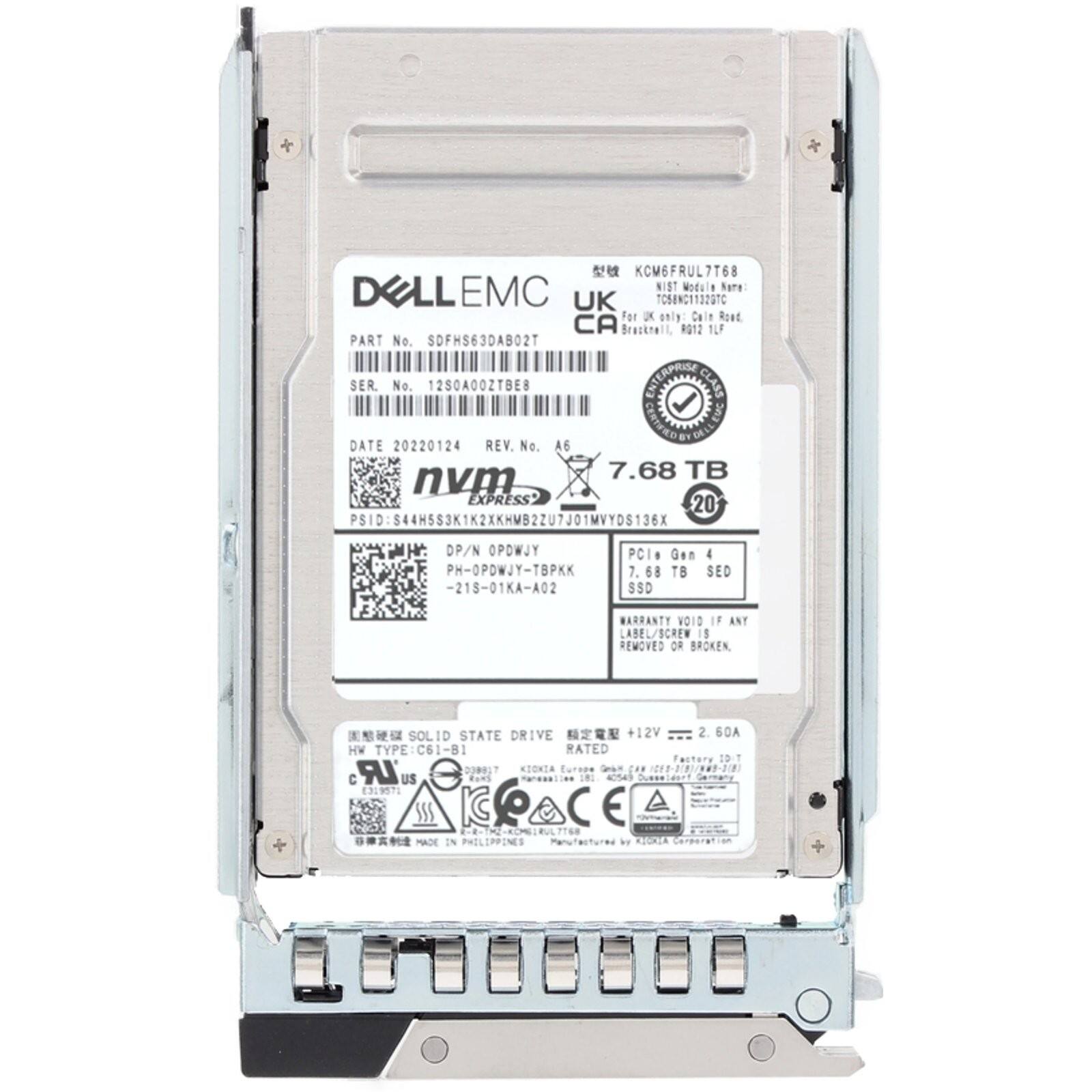 KCM6FRUL7T68  
DELL EMC  
NIST Module Name: UK  
TOS8NC11320TC  
For a only: Cale Road CA  
Brazkrell RO12 TLF  
PART No. SDFHS63DAB02T  
SER. No. 1250A00ZTBEB  
INTERTAN CLASS CERTARDON  
DATE 20220124  
REV. No. A6  
7.68 TB  
nvm EXPRESS 20  
PSID: S44H5S3K1K2XKHWB2ZU7J01MVYDS136X  
PSID DP/N OPDWJY  
PH-OPDWJY-TBPK -215-01KA-A02  
PCI Gen 4  
7.68 TB SED SSD  
BARRANTY VOID IF ANY LABEL/SCREW IS REMOVED OR BROKEN  
SOLID STATE DRIVE  
+12V 2.60A  
HW TYPE: C61-B1  
RATED  
Factory ID: T LR D3#917  
ION