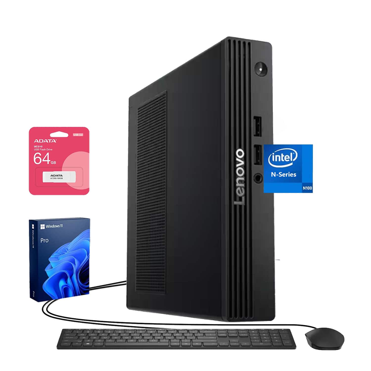 Lenovo - V100q Desktop - Intel Quad-Core Processor with 16GB RAM, 512GB SSD - Wired Keyboard & Mouse - Adata 64GB USB Drive - Black