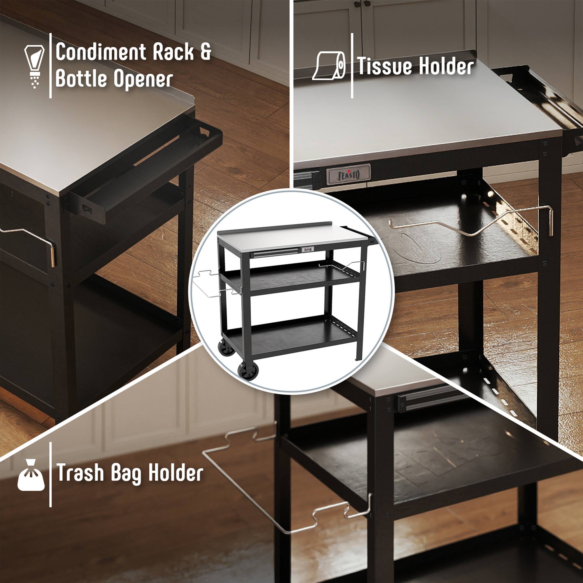 Condiment Rack & Bottle Opener  
Tissue Holder  
Trash Bag Holder